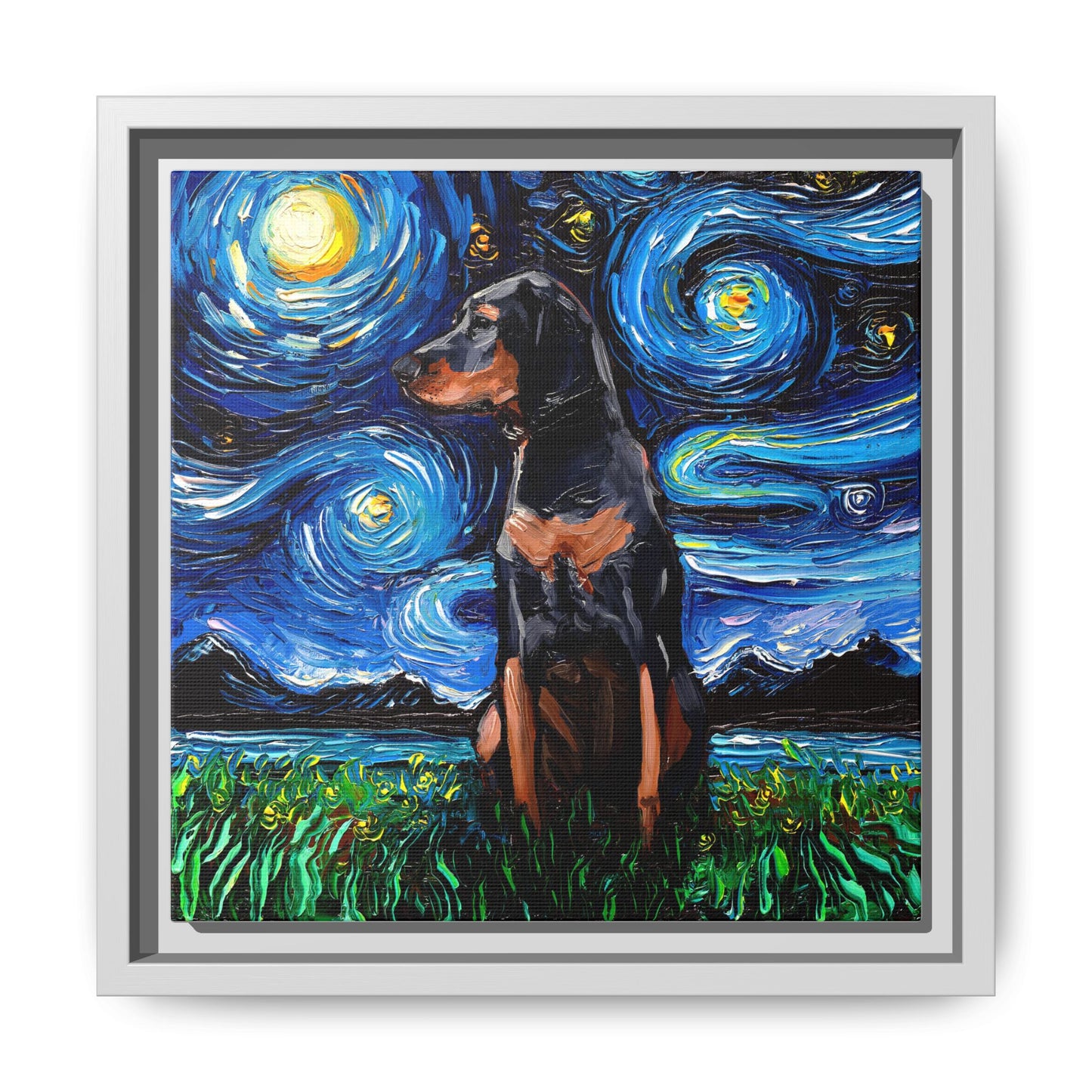"Black and Tan Coonhound Night" Framed Canvas Wall Art