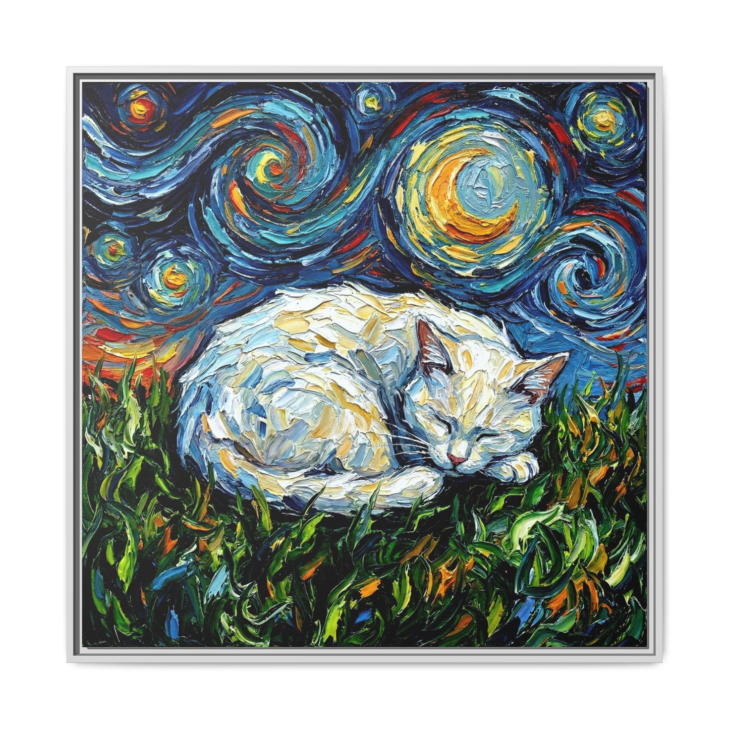 "Sleepy White Cat Night" Framed Canvas Wall Art