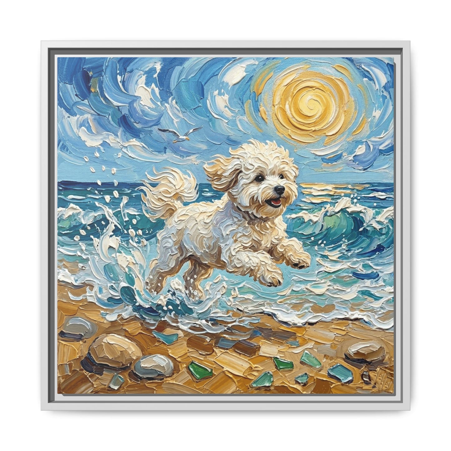 "Beach Day - Bichon Frise" Framed Canvas Wall Art