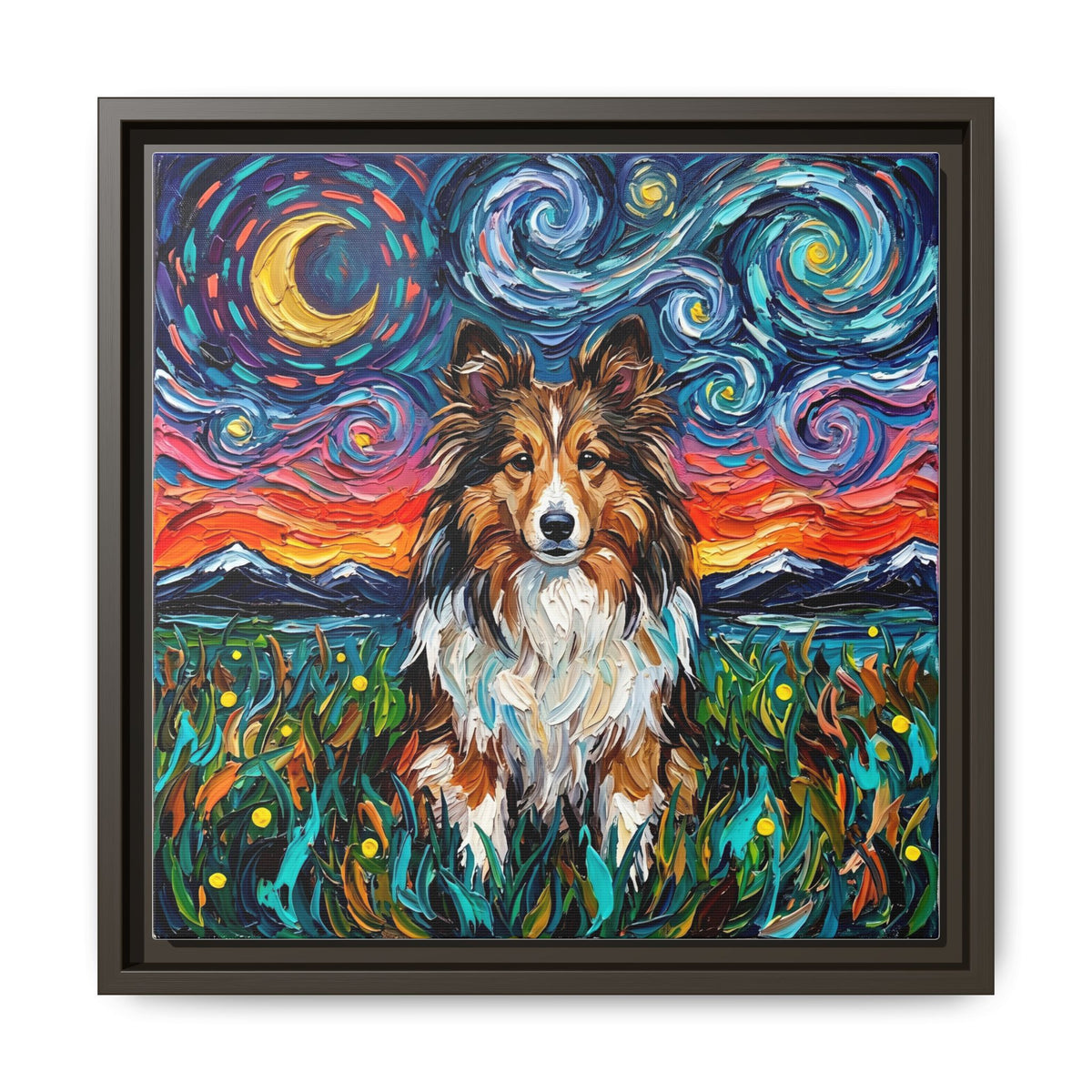 "Sheltie Night 2" Framed Canvas Wall Art