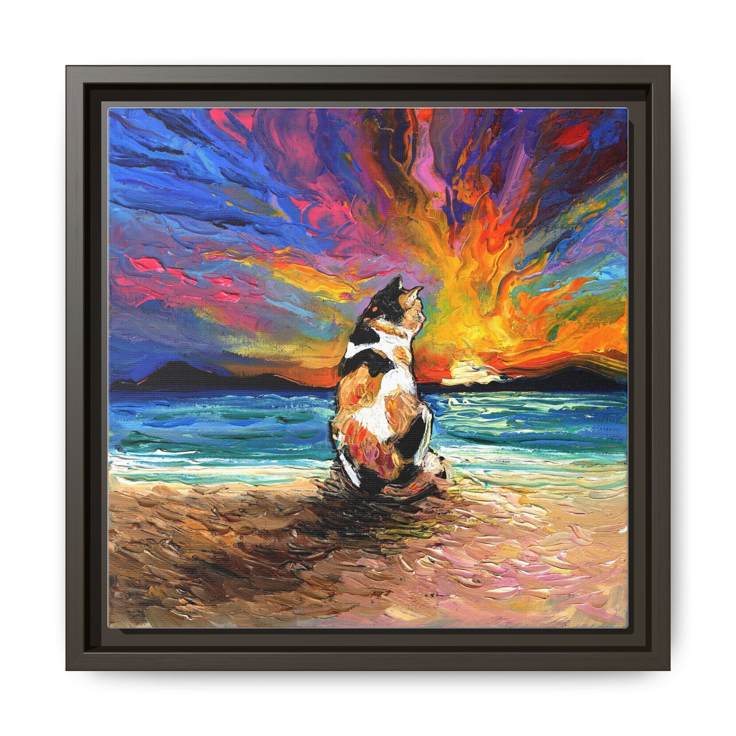 "Beach Day - Calico Cat" Framed Canvas Wall Art