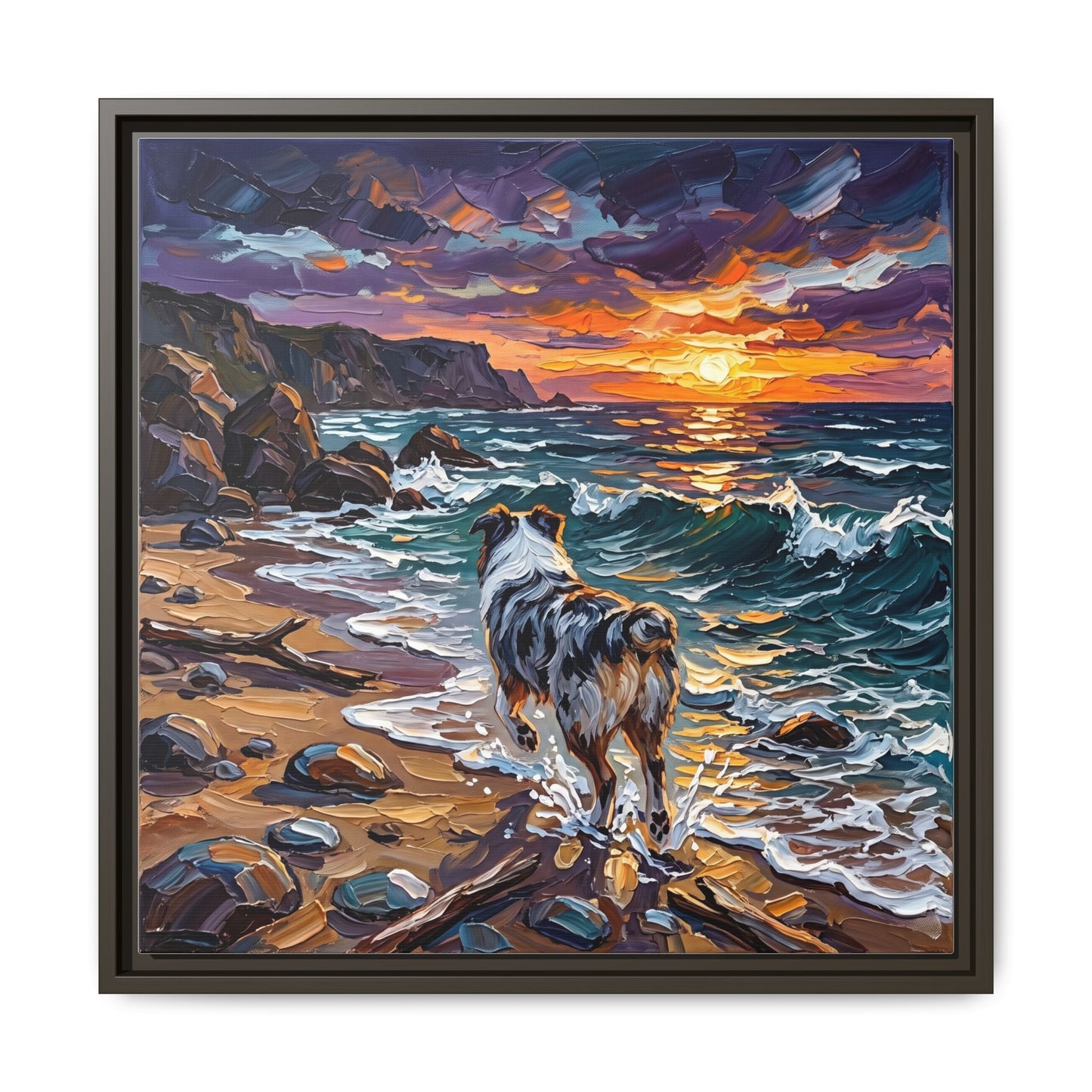 "Beach Day - Merle Aussie Shepherd" Framed Canvas Wall Art