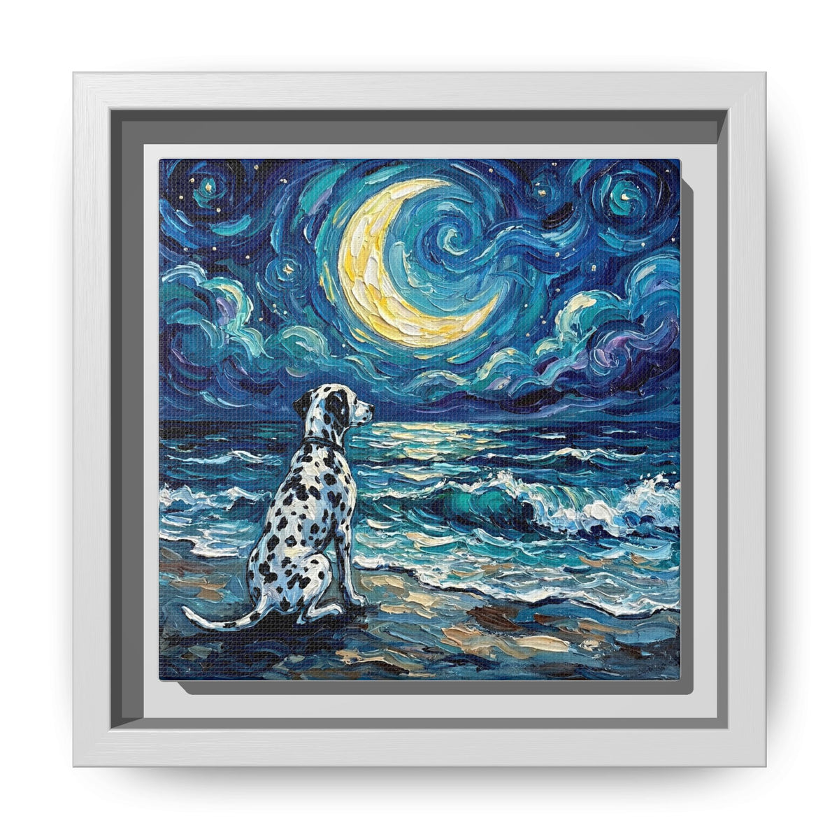 "Beach Night - Dalmatian" Framed Canvas Wall Art