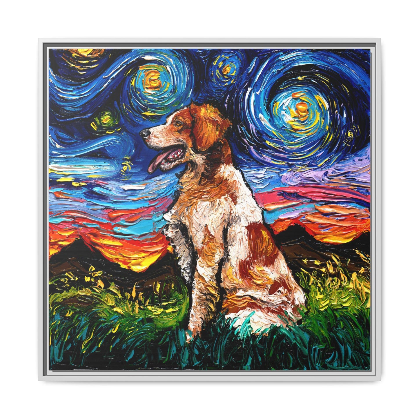 "Brittany Spaniel Night" Framed Canvas Wall Art