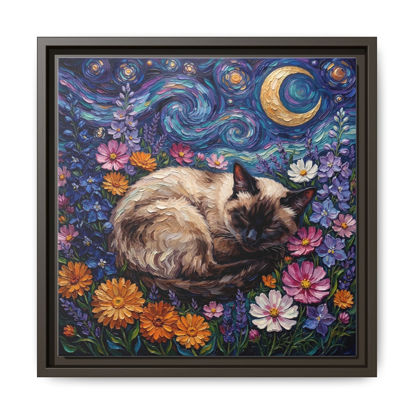 "Amongst The Flowers - Siamese Cat" Framed Canvas Wall Art
