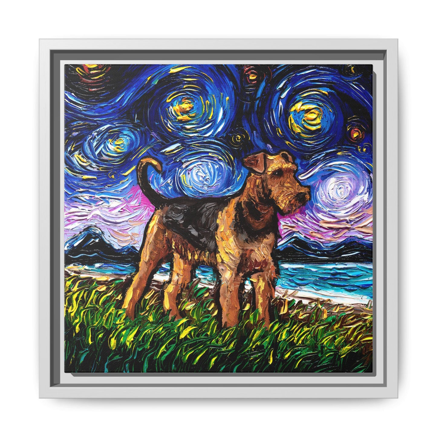 "Airedale Terrier Night" Framed Canvas Wall Art
