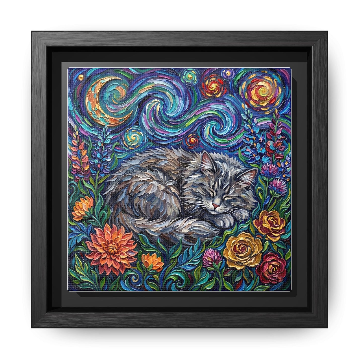 "Amongst The Flowers - Gray Domestic Long Haired Cat" Framed Canvas Wall Art