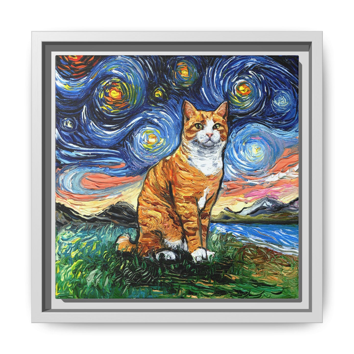"Orange Tuxedo Tabby Night" Framed Canvas Wall Art