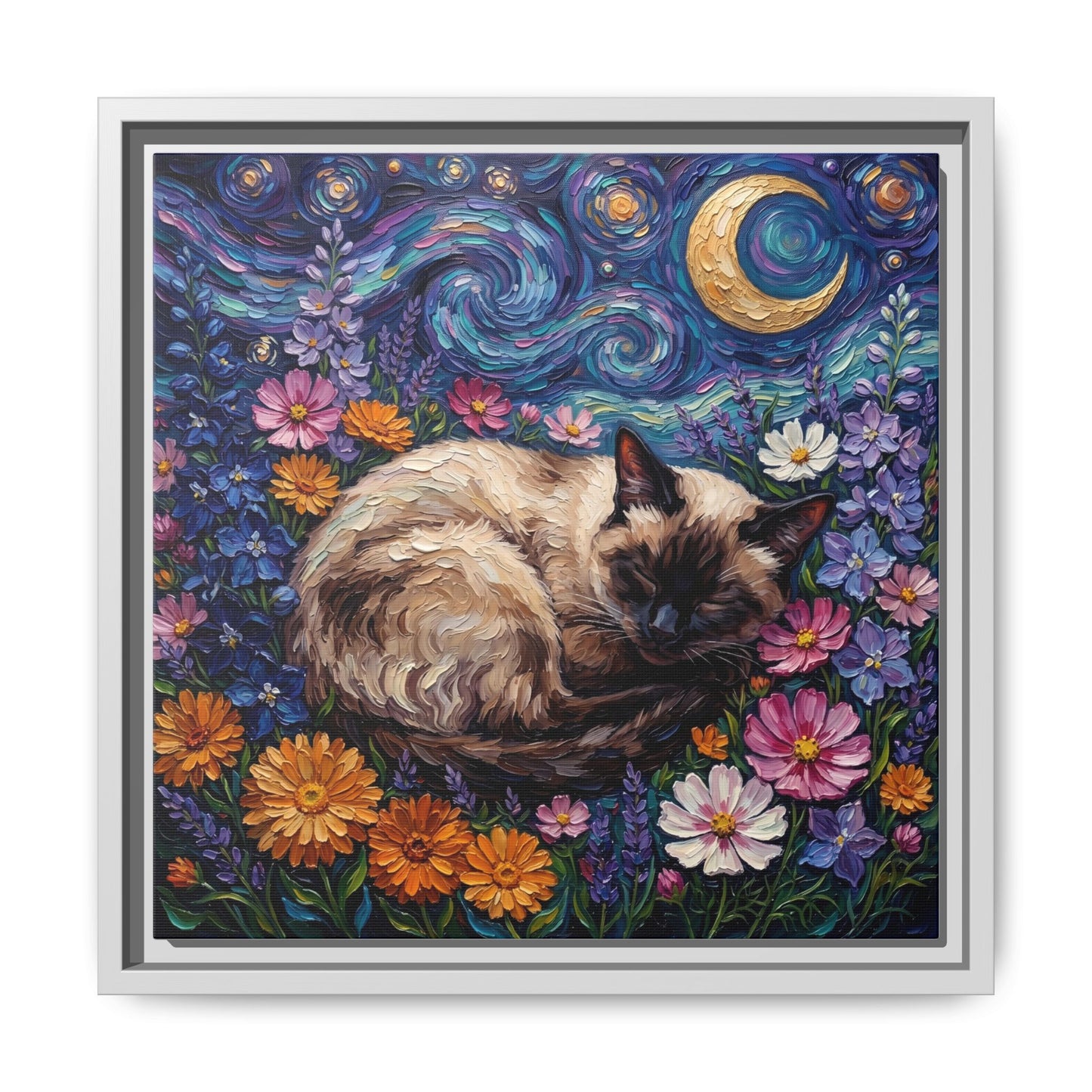"Amongst The Flowers - Siamese Cat" Framed Canvas Wall Art