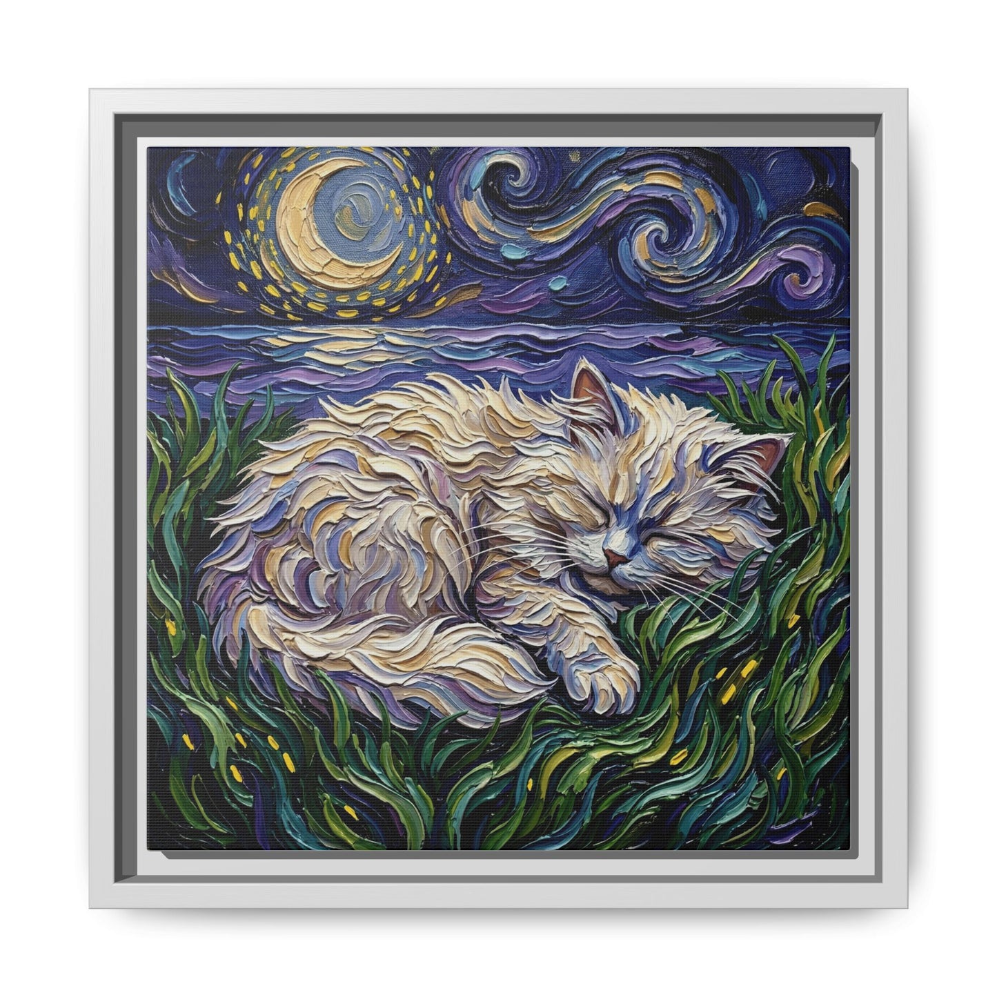"Sleepy White Persian Night" Framed Canvas Wall Art
