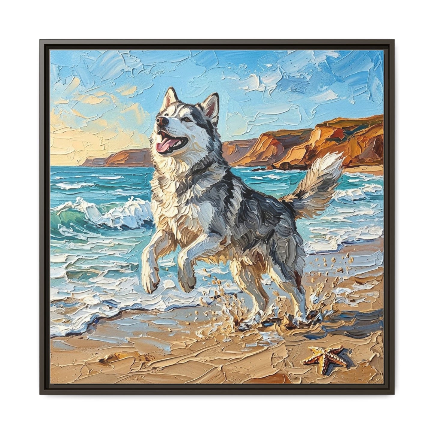 "Beach Day - Husky" Framed Canvas Wall Art