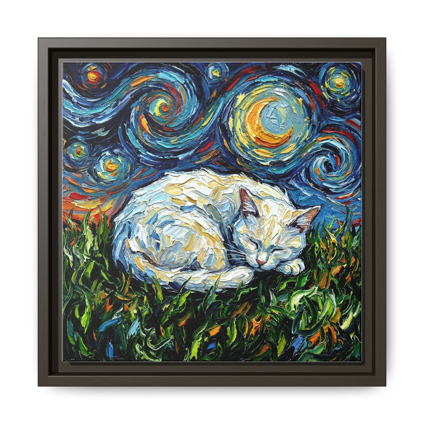 "Sleepy White Cat Night" Framed Canvas Wall Art