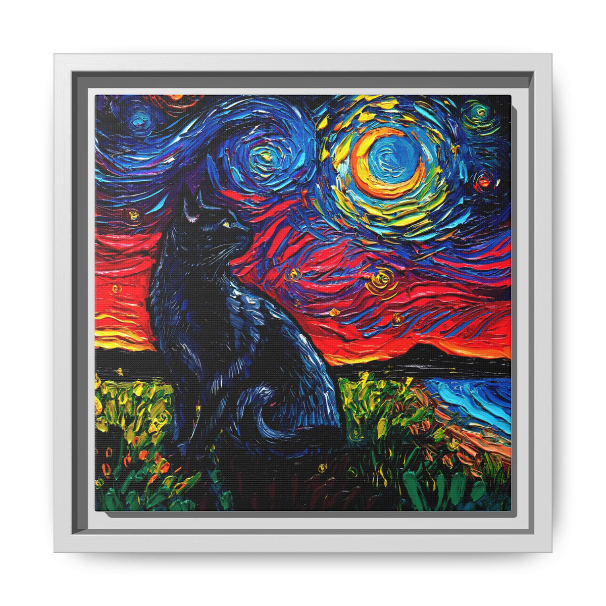 "Black Cat Night" Framed Canvas Wall Art