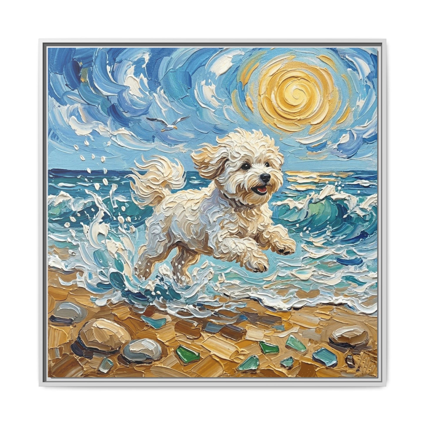 "Beach Day - Bichon Frise" Framed Canvas Wall Art