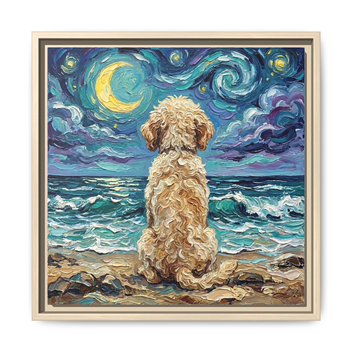 "Beach Nights - Goldendoodle" Framed Canvas Wall Art