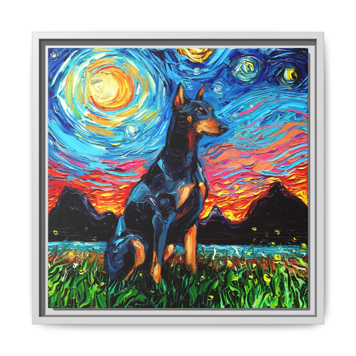 "Doberman Night" Framed Canvas Wall Art