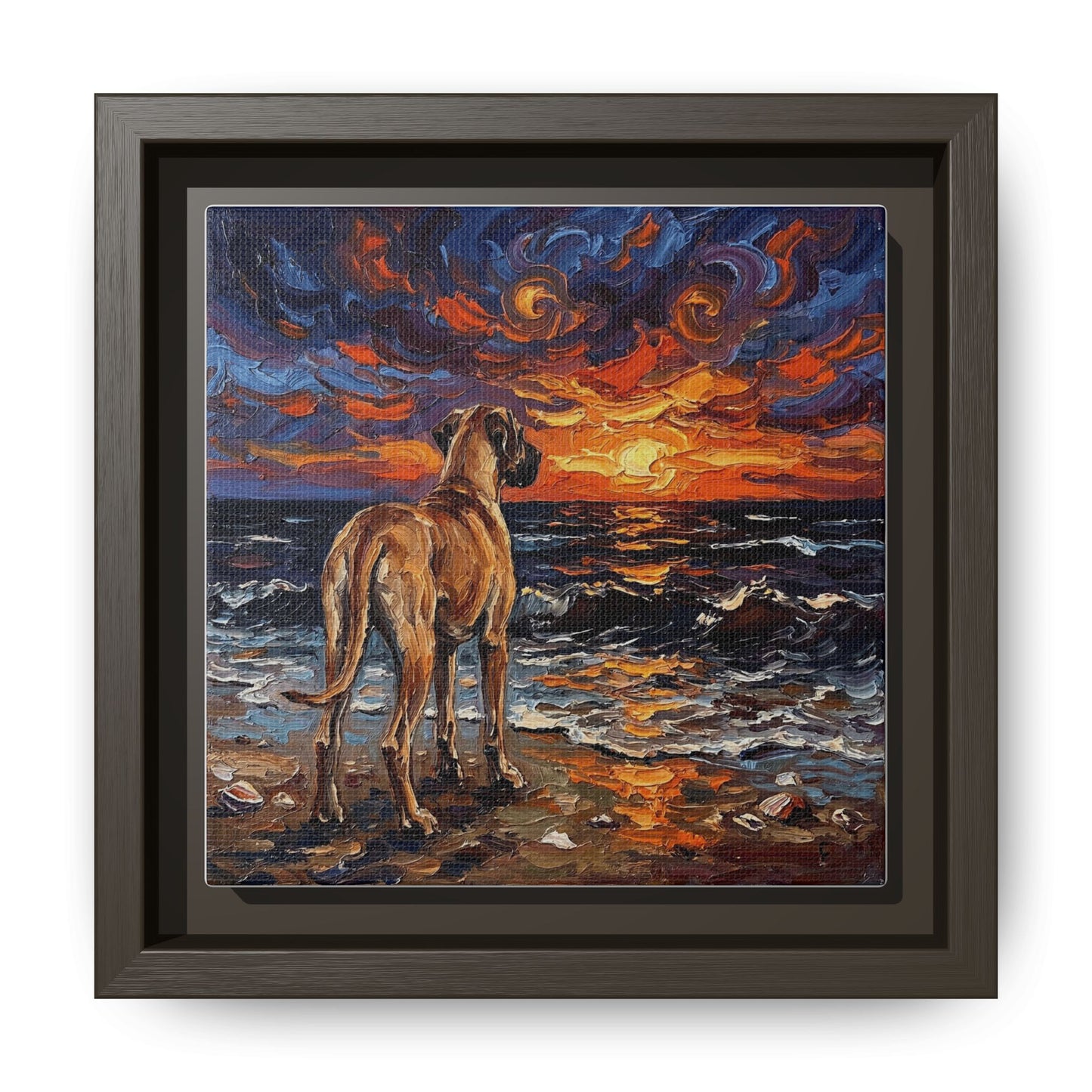 "Beach Sunset - Fawn Great Dane" Framed Canvas Wall Art