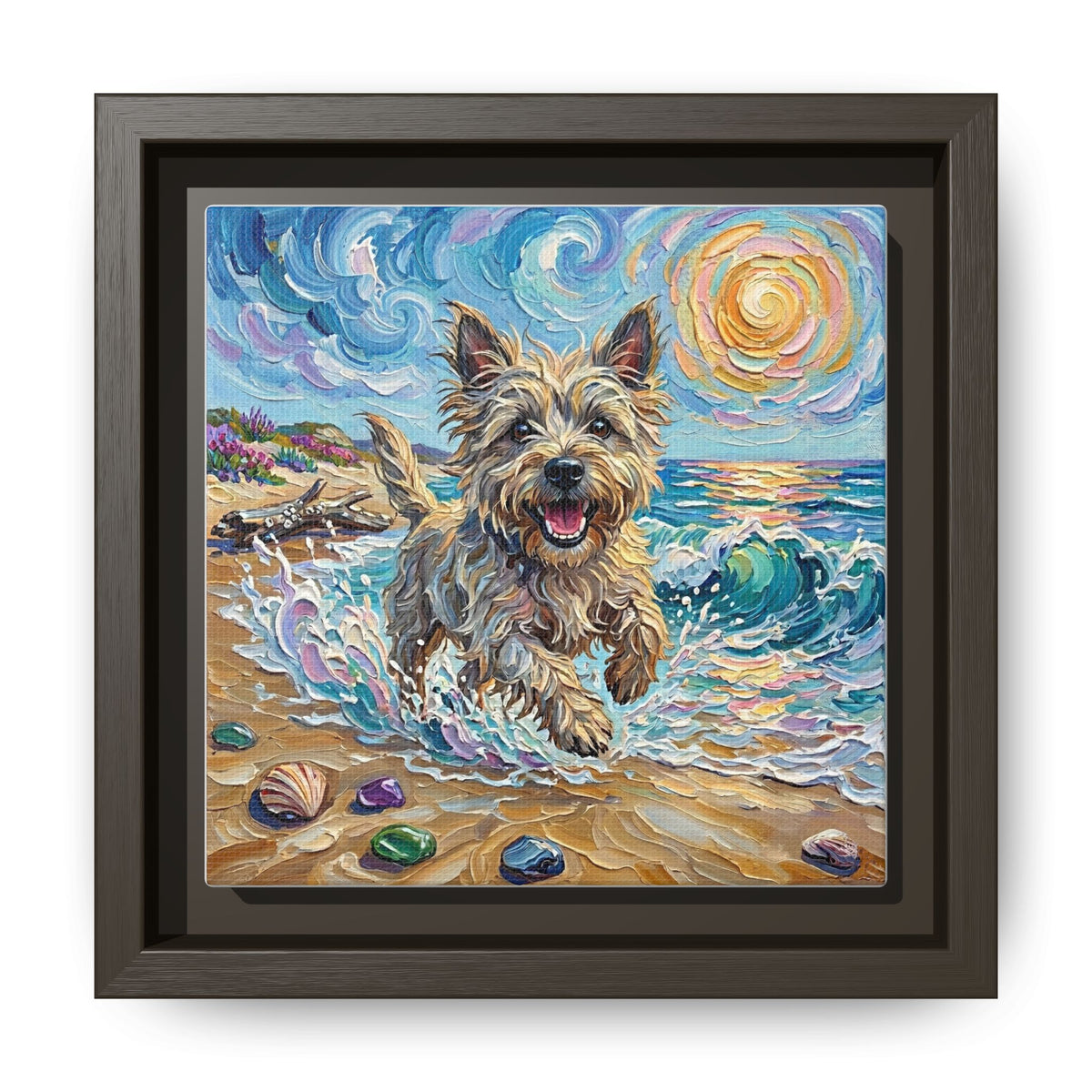 "Beach Days - Cairn Terrier" Framed Canvas Wall Art