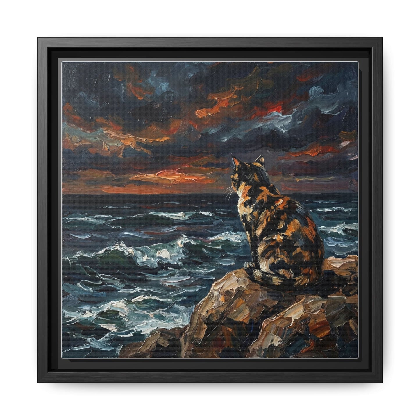 "Beach Night - Tortie Cat" Framed Canvas Wall Art