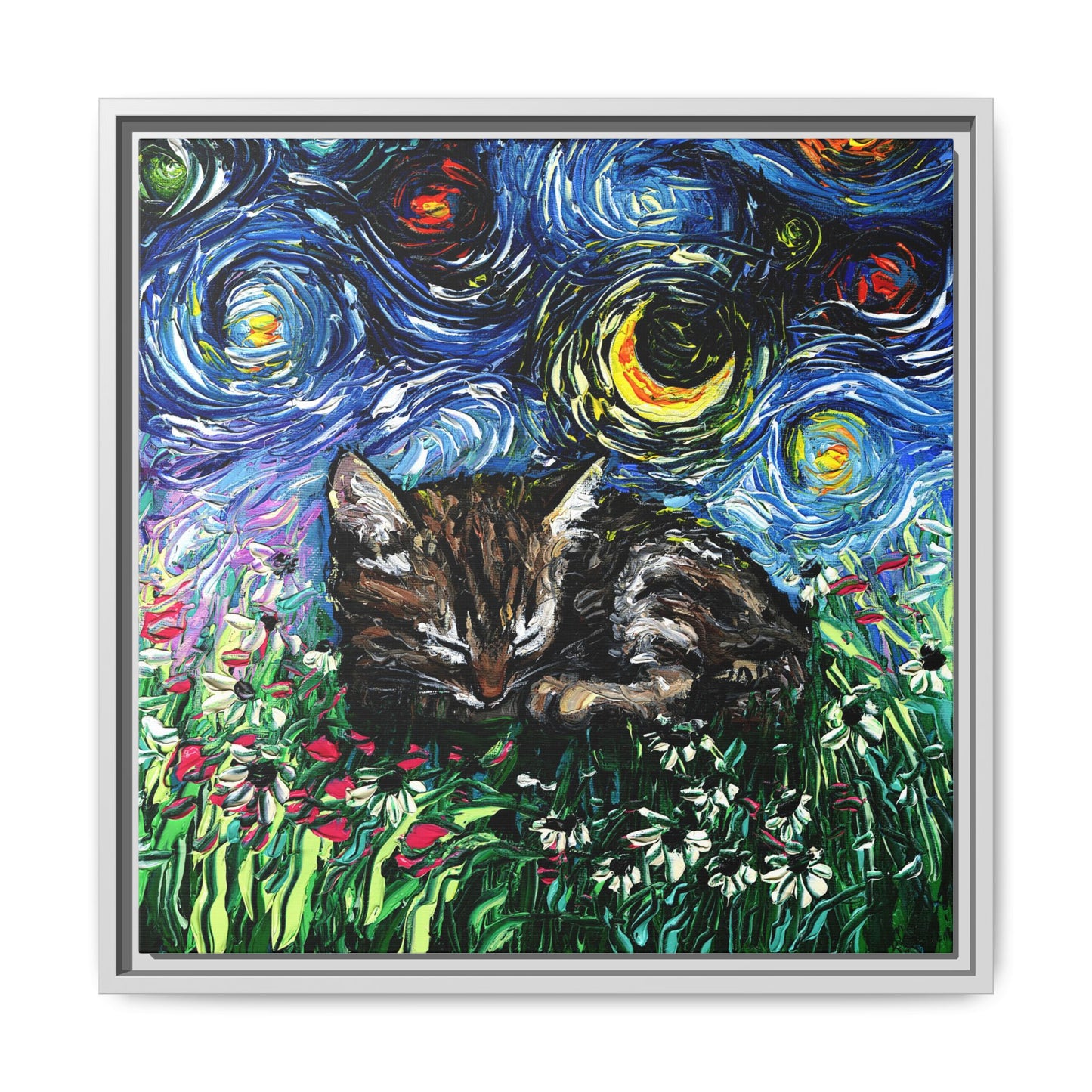 "Sleepy Tabby Kitten Night" Framed Canvas Wall Art