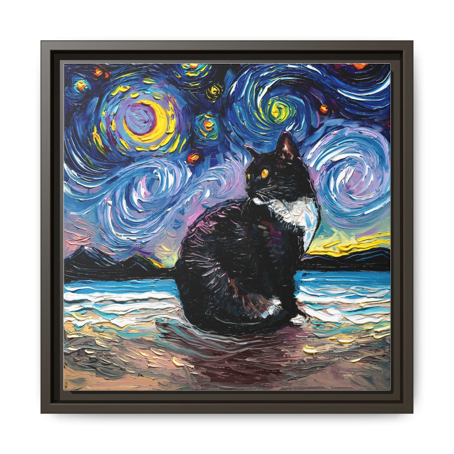 "Tuxedo Cat Night 2" Framed Canvas Wall Art