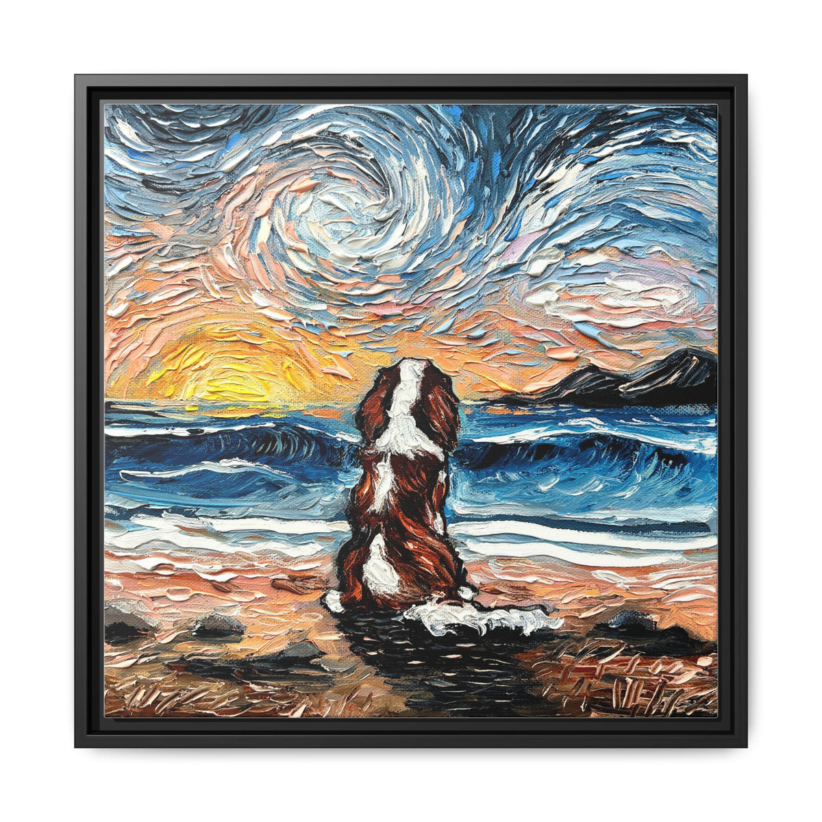 "Beach Days - Blenheim Spaniel" Framed Canvas Wall Art