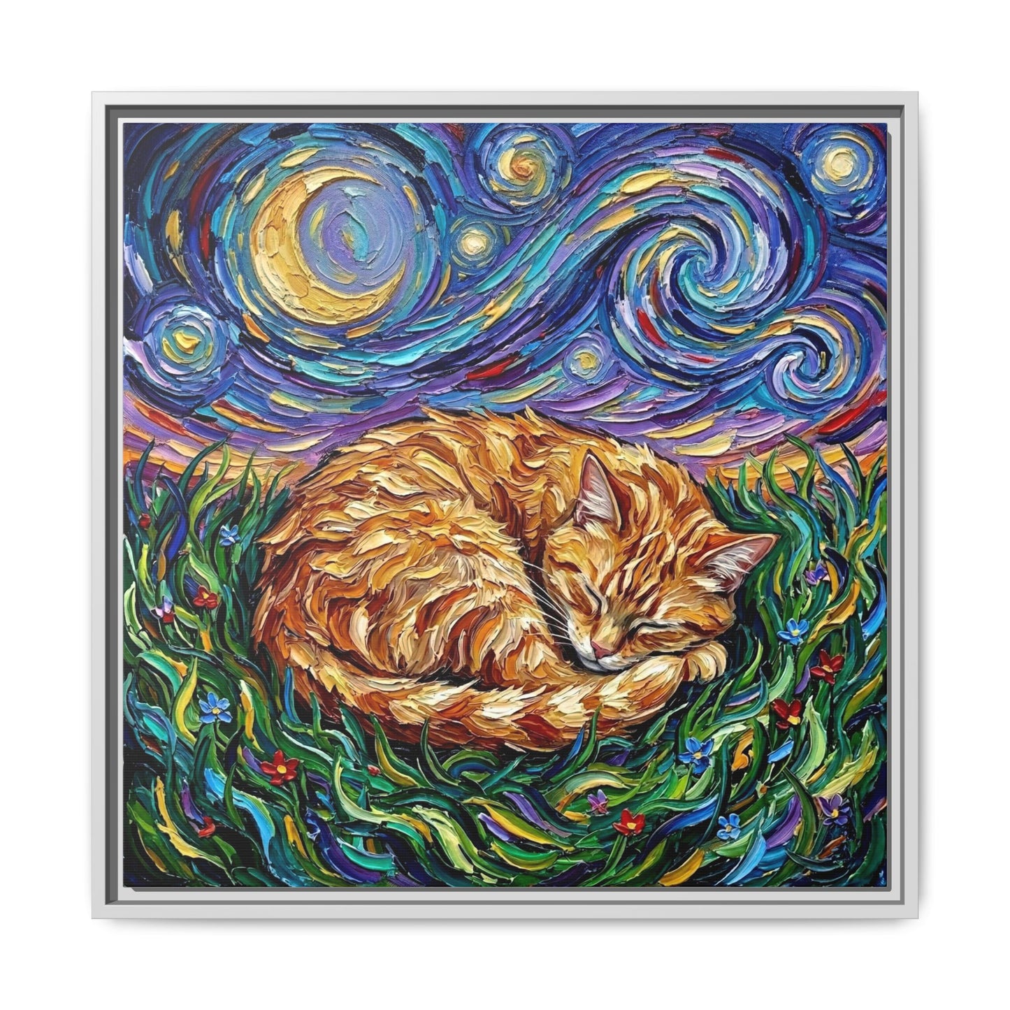 "Sleepy Orange Tabby Night" Framed Canvas Wall Art