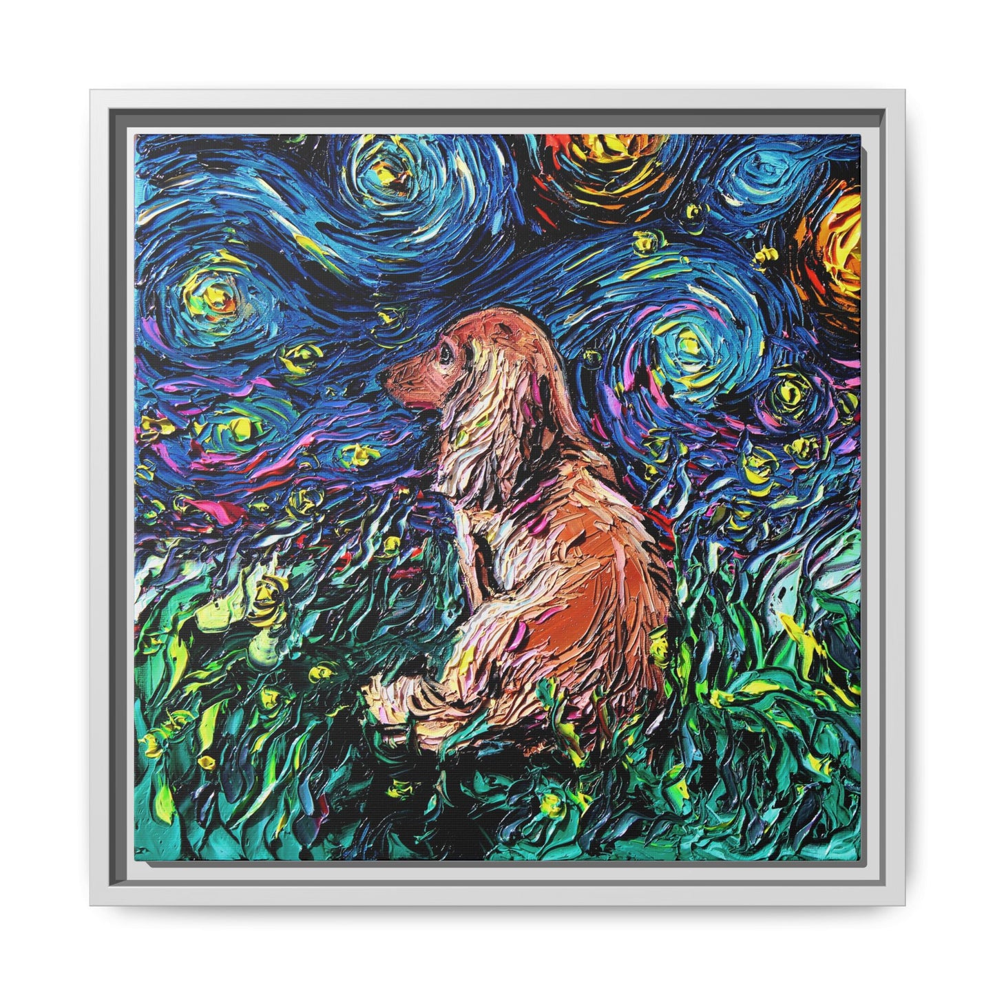 "Long Haired Brown Dachshund Night" Framed Canvas Wall Art