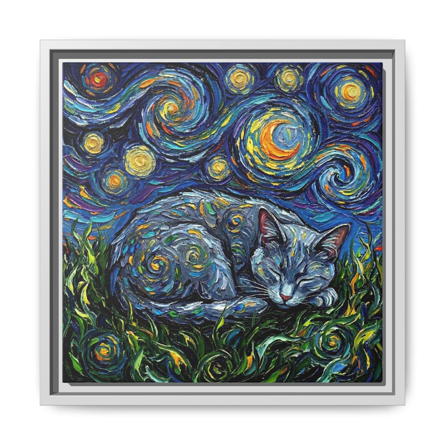 "Sleepy Korat Cat Night" Framed Canvas Wall Art