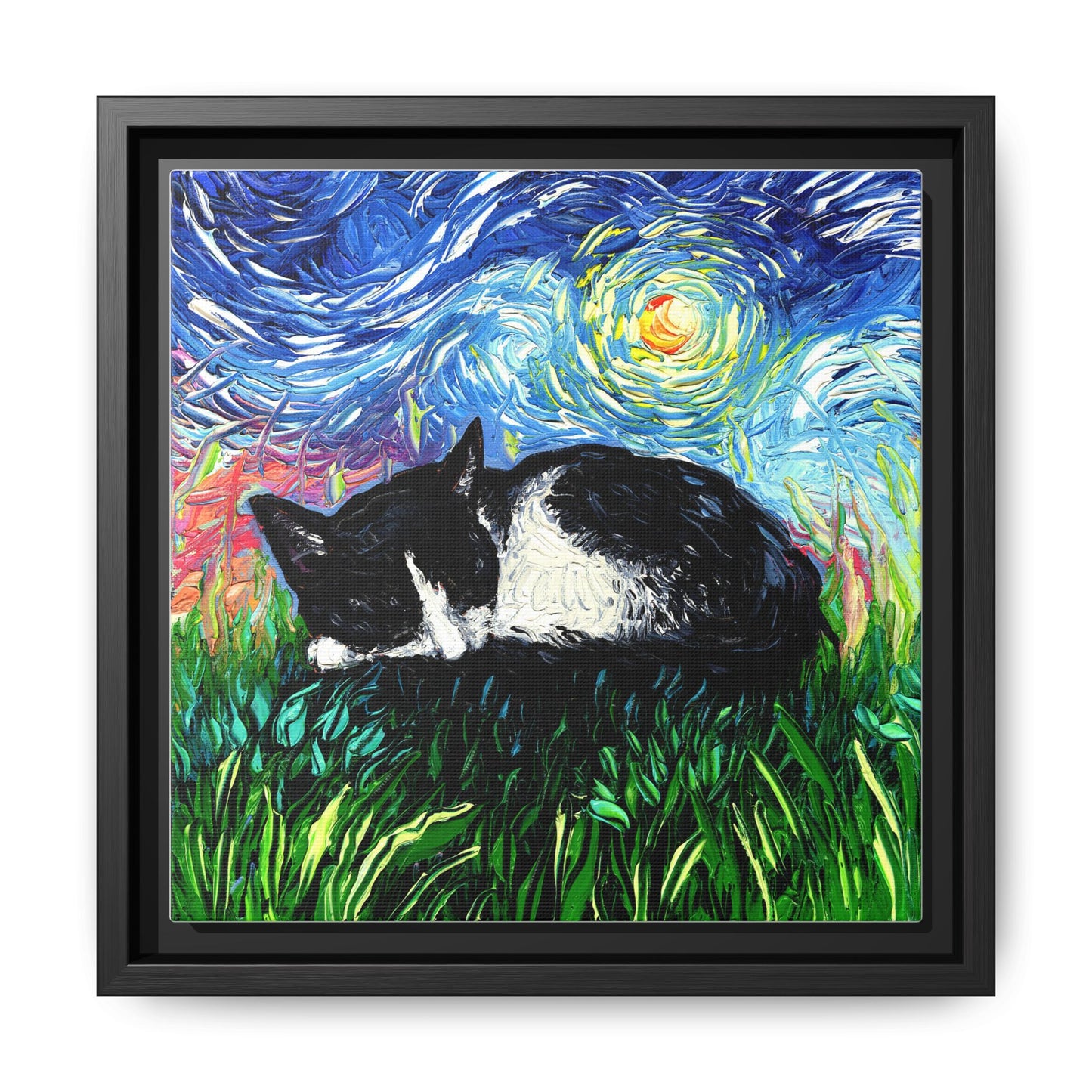 "Sleepy Tuxedo Kitten" Framed Canvas Wall Art
