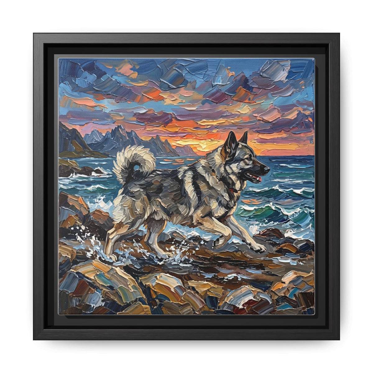 "Beach Days - Norwegian Elkhound" Framed Canvas Wall Art