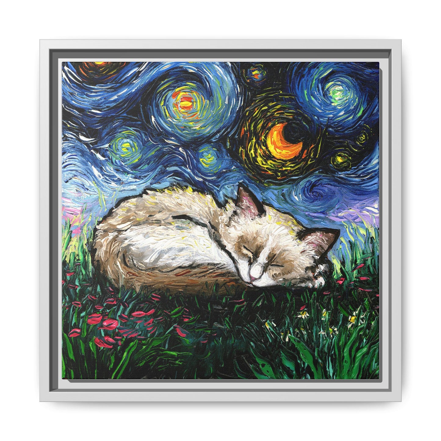 "Sleepy Ragdoll Kitten Night" Framed Canvas Wall Art