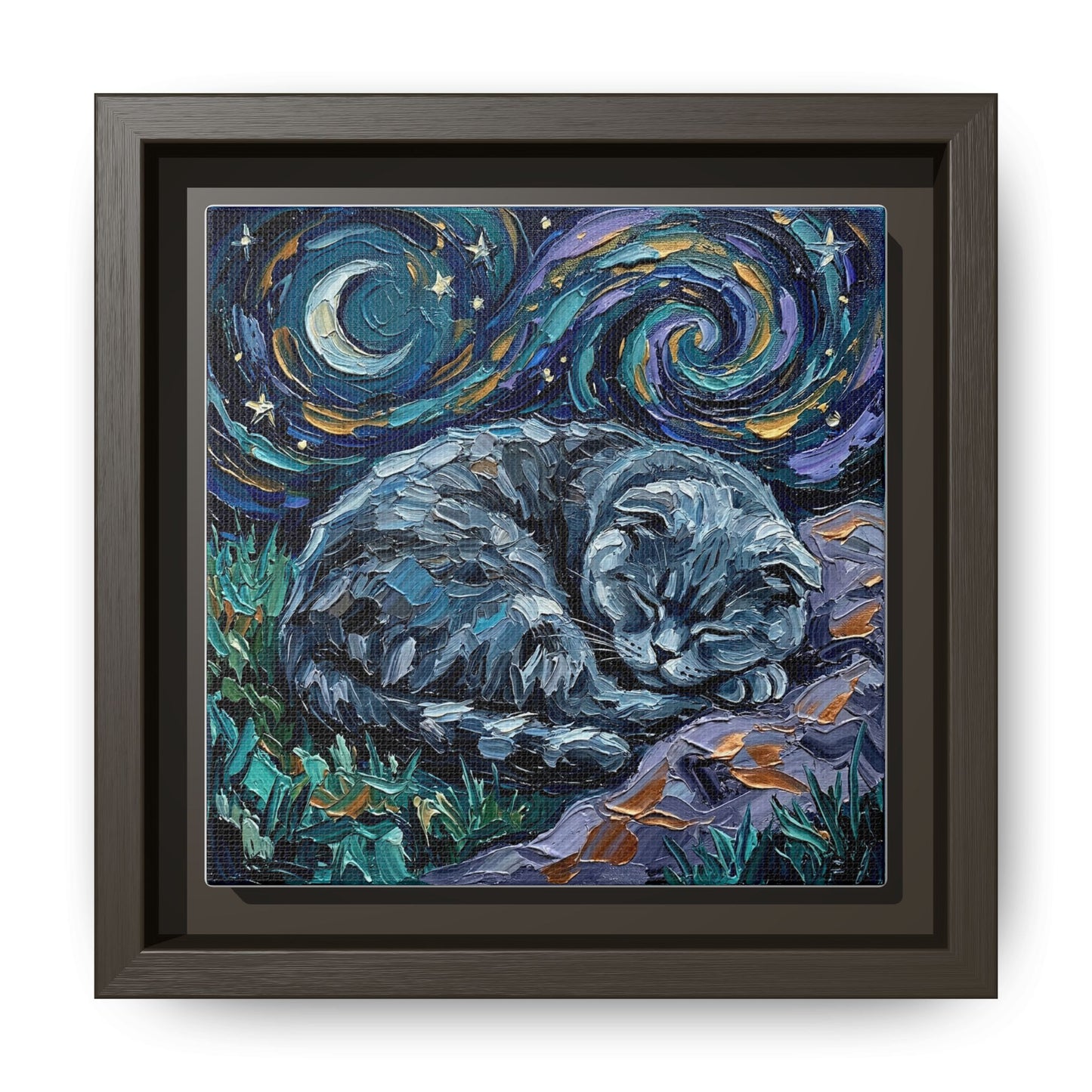 "Sleepy Scottish Fold Night" Framed Canvas Wall Art