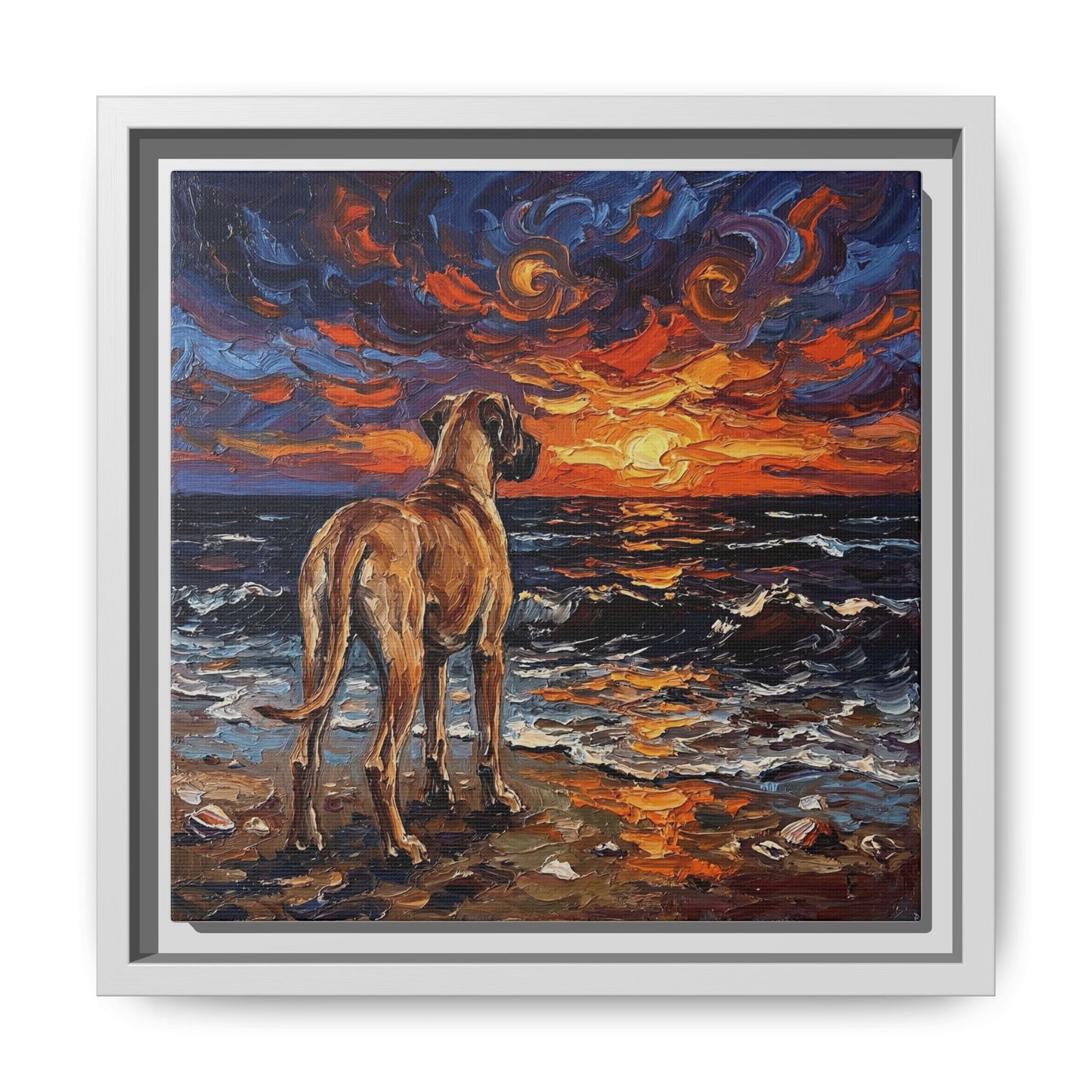 "Beach Sunset - Fawn Great Dane" Framed Canvas Wall Art