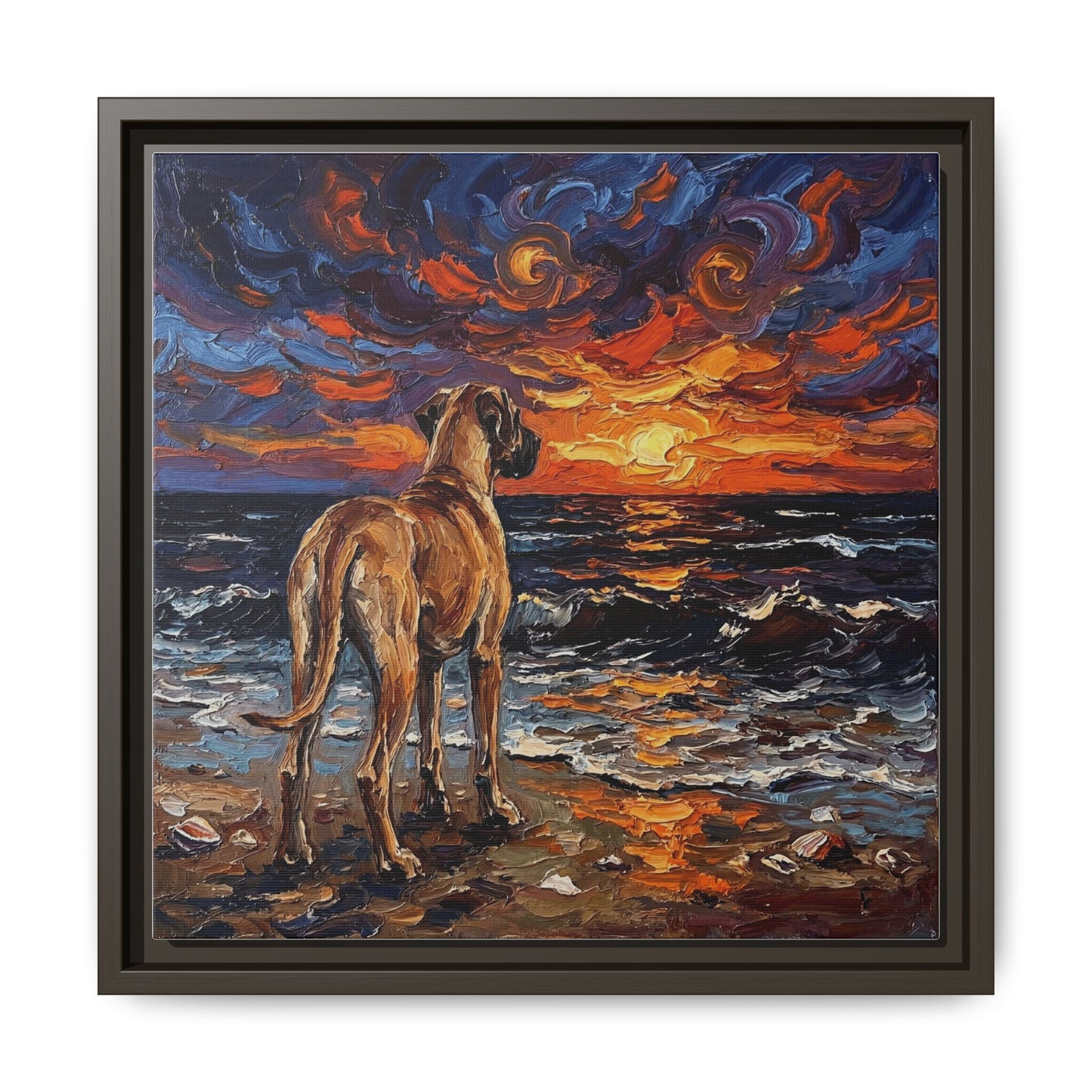 "Beach Sunset - Fawn Great Dane" Framed Canvas Wall Art