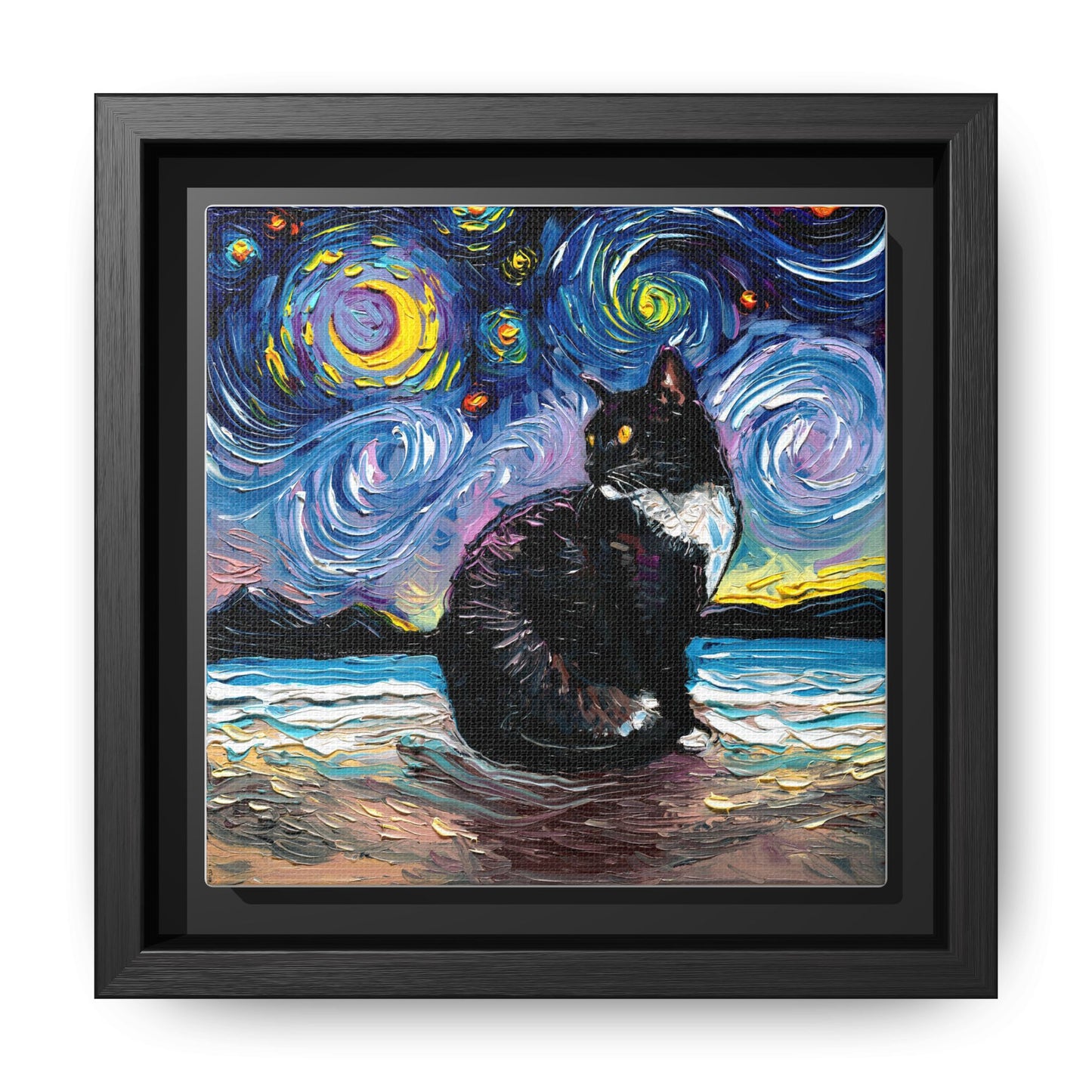 "Tuxedo Cat Night 2" Framed Canvas Wall Art