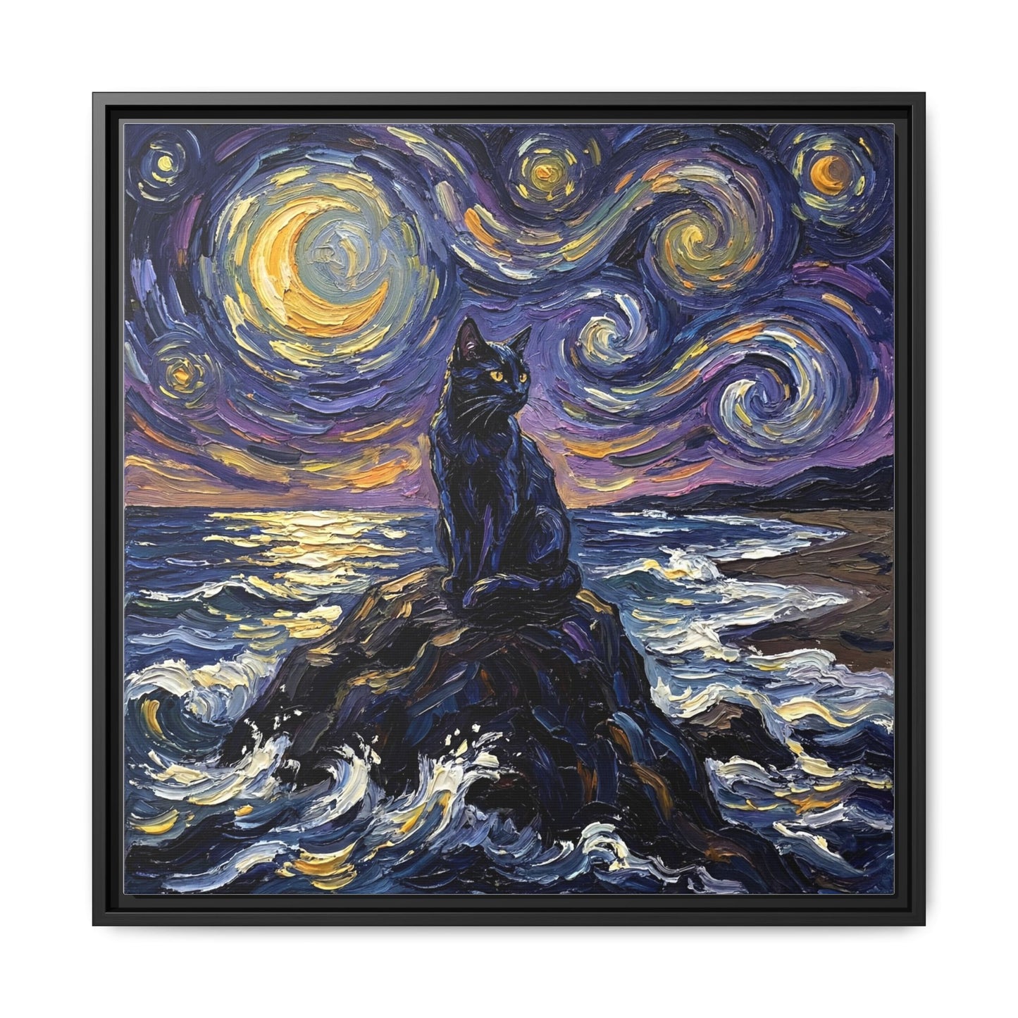 "Beach Night - Black Cat" Framed Canvas Wall Art