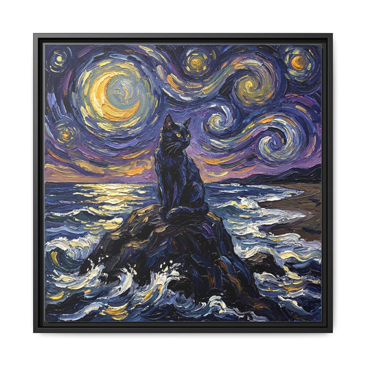 "Beach Night - Black Cat" Framed Canvas Wall Art