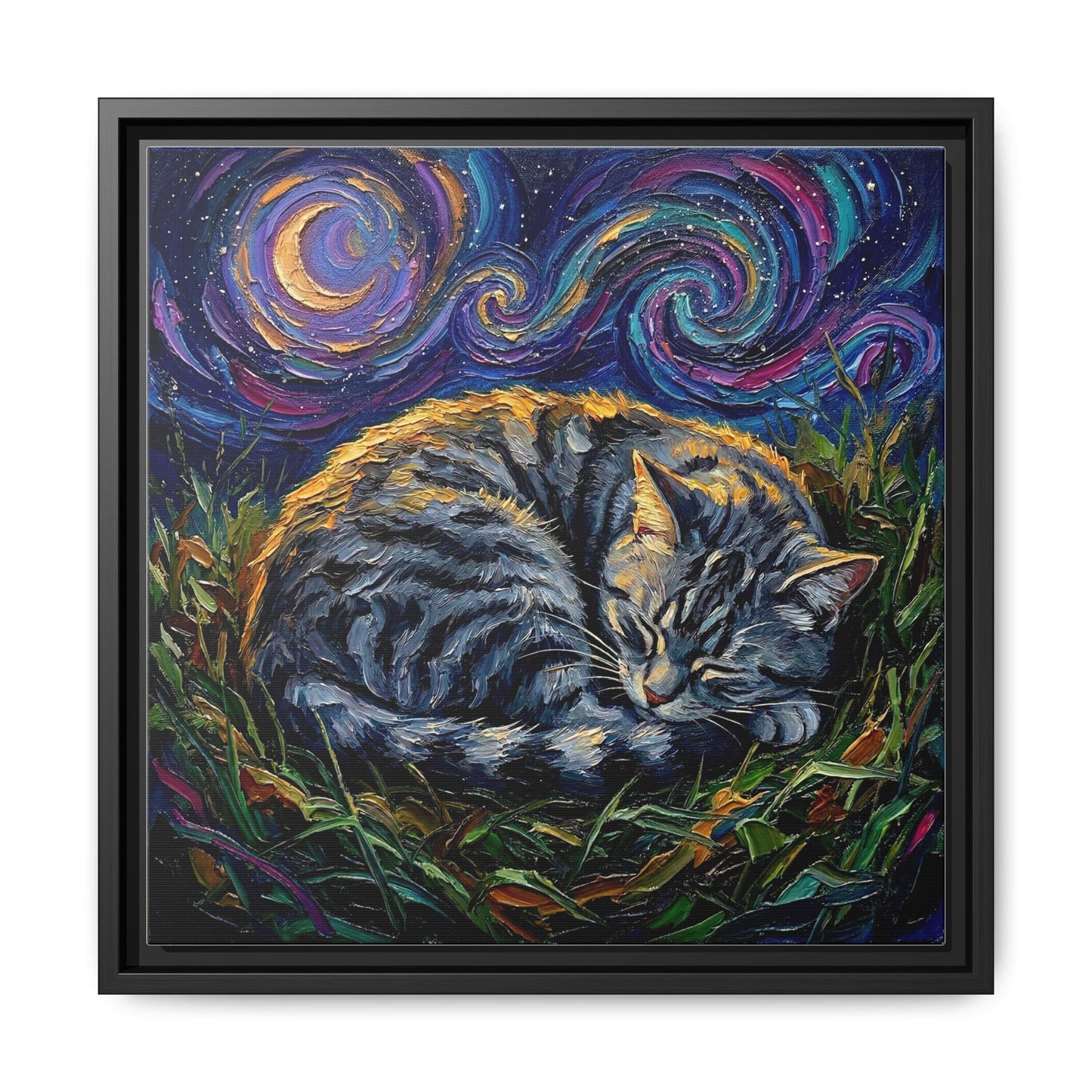 "Sleepy American Shorthair Tabby Night" Framed Canvas Wall Art