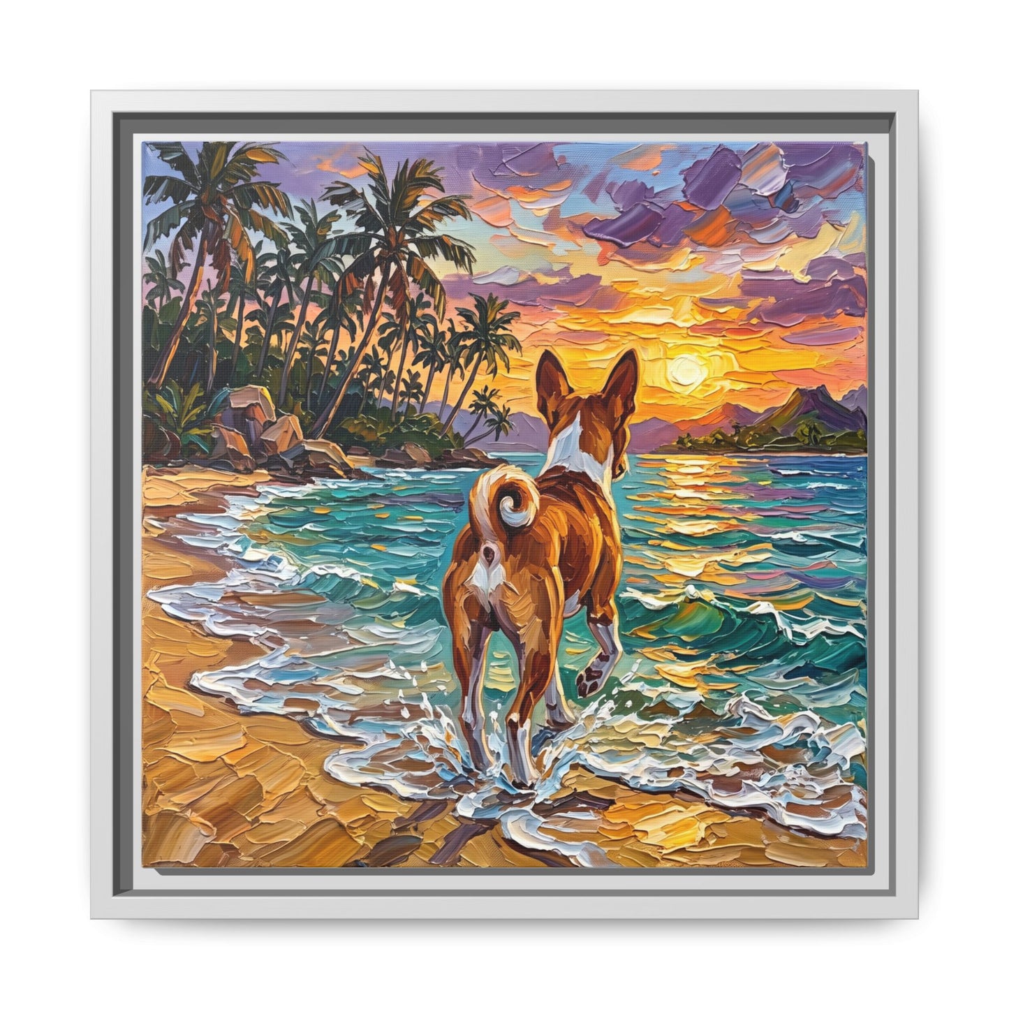 "Beach Day - Basenji" Framed Canvas Wall Art