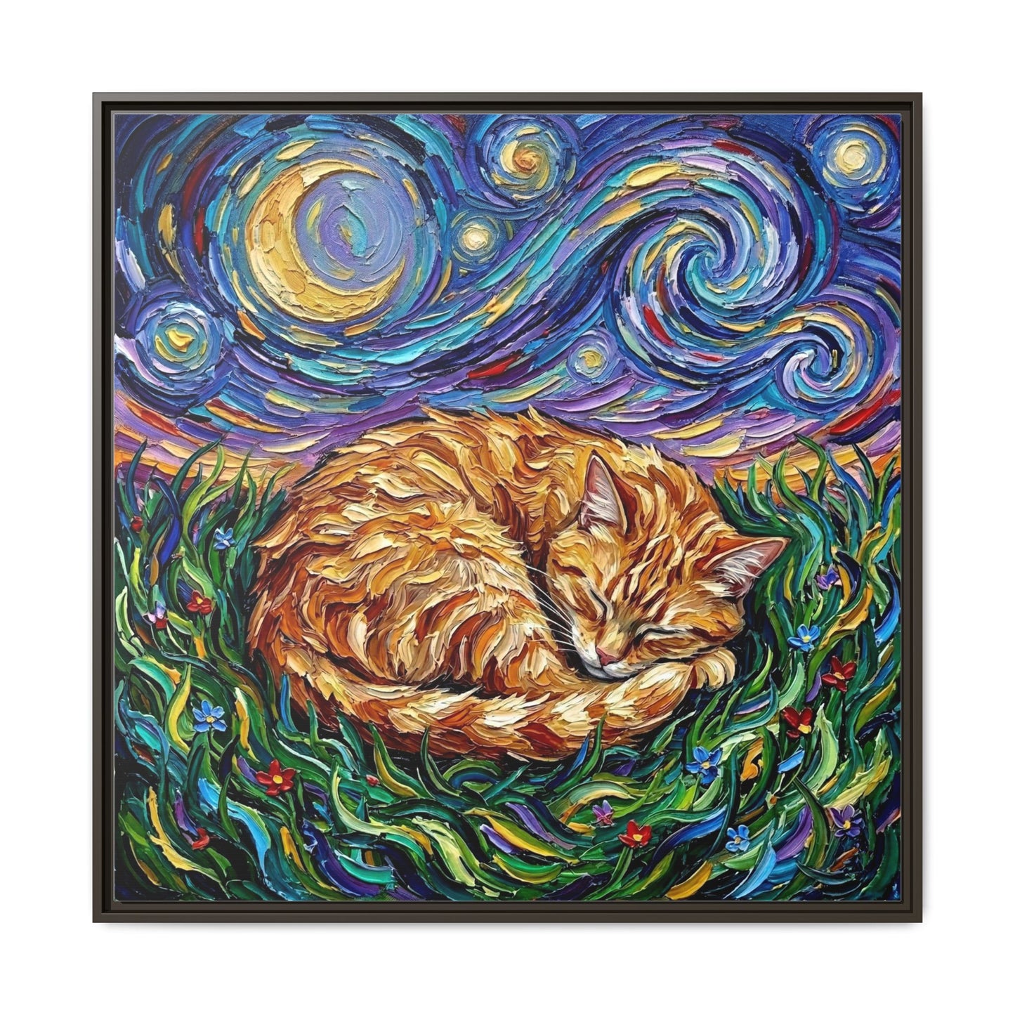"Sleepy Orange Tabby Night" Framed Canvas Wall Art