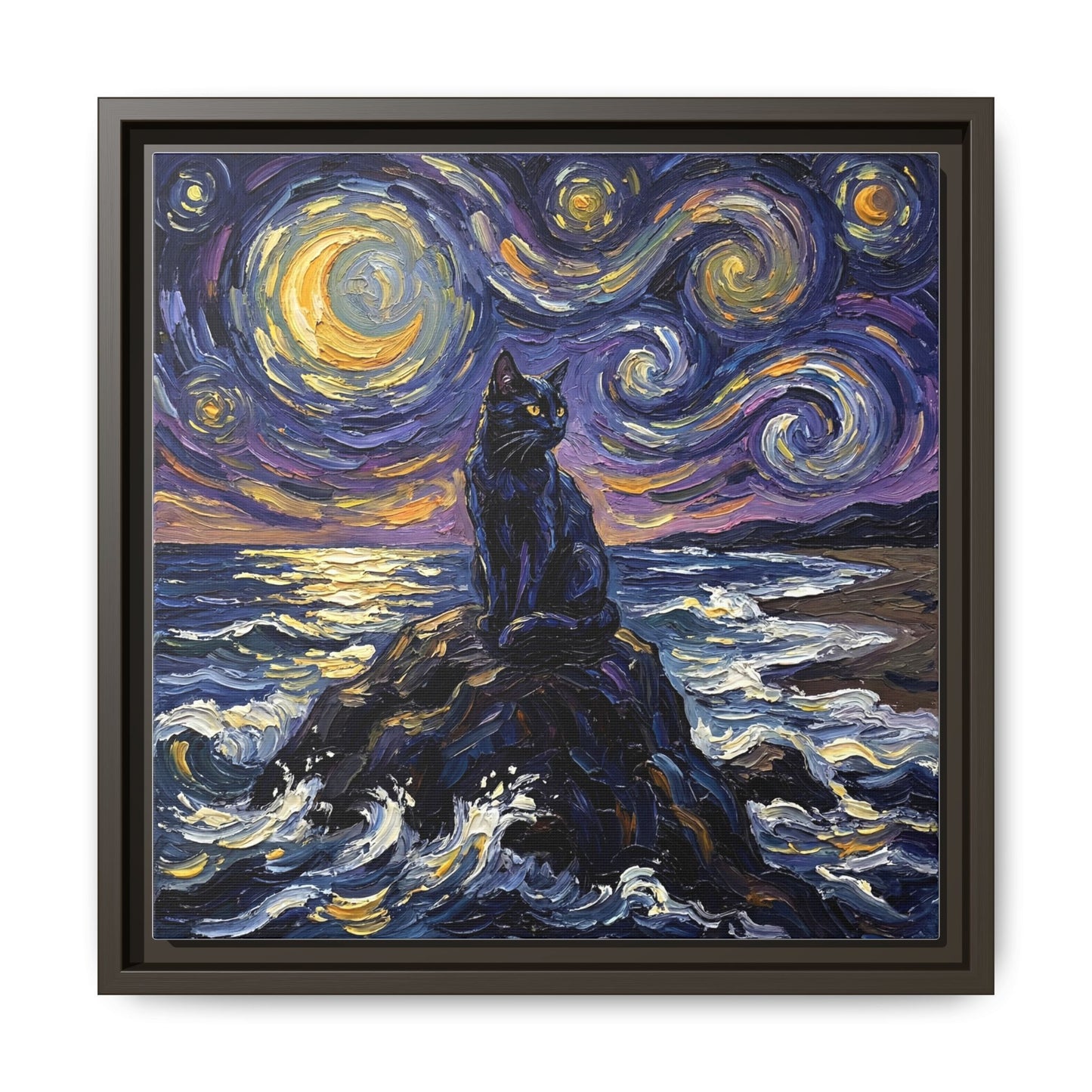 "Beach Night - Black Cat" Framed Canvas Wall Art