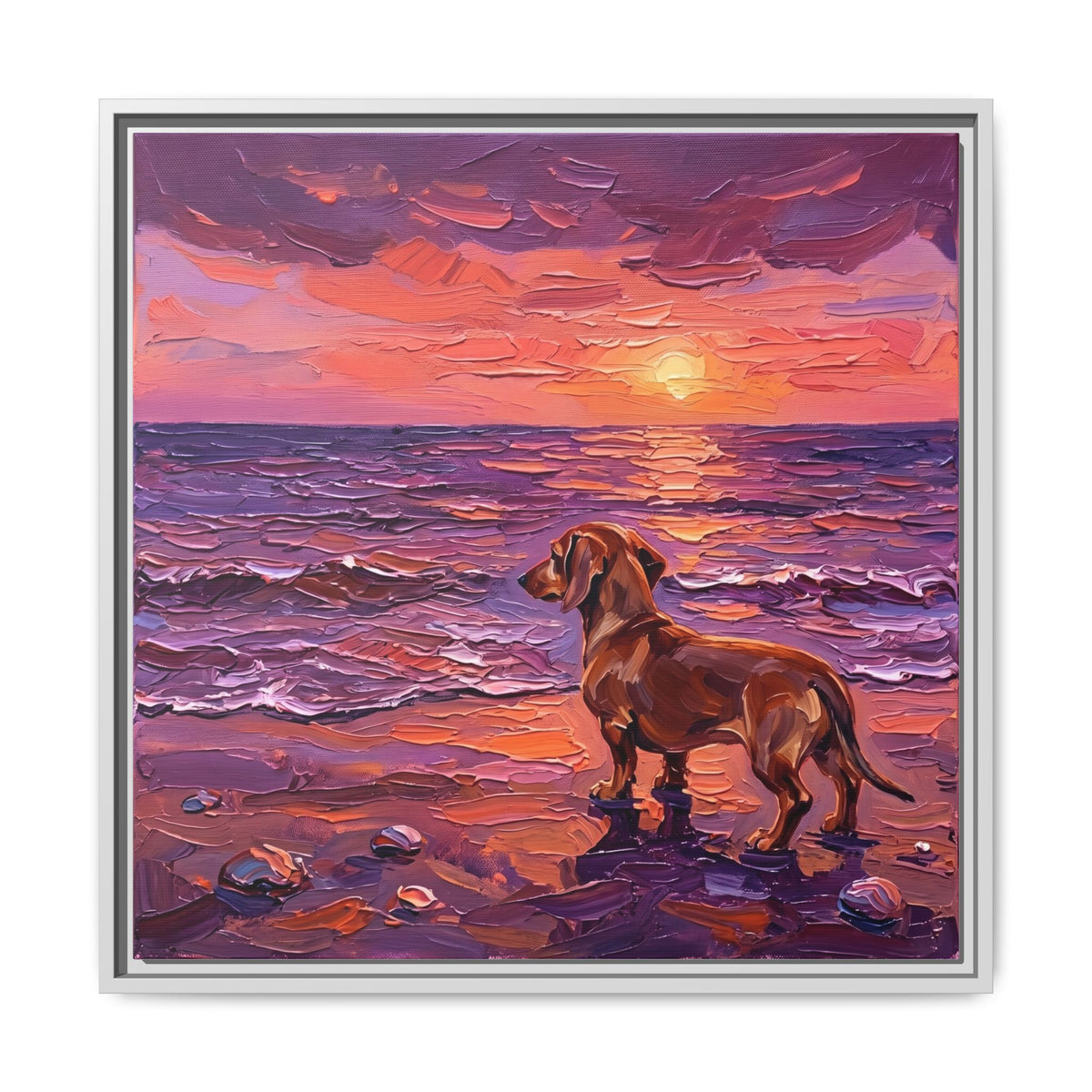 "Beach Day - Brown Dachshund" Framed Canvas Wall Art