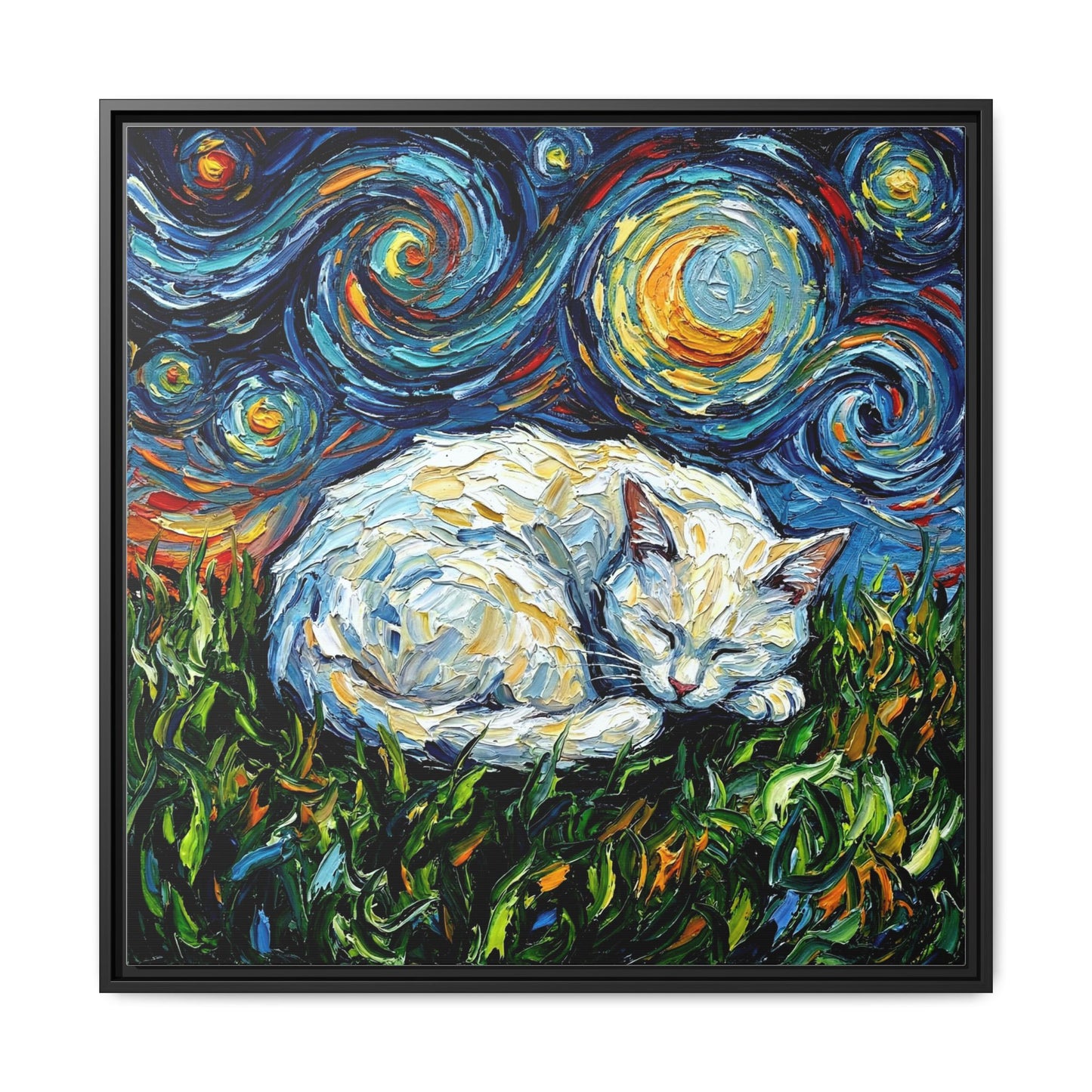"Sleepy White Cat Night" Framed Canvas Wall Art