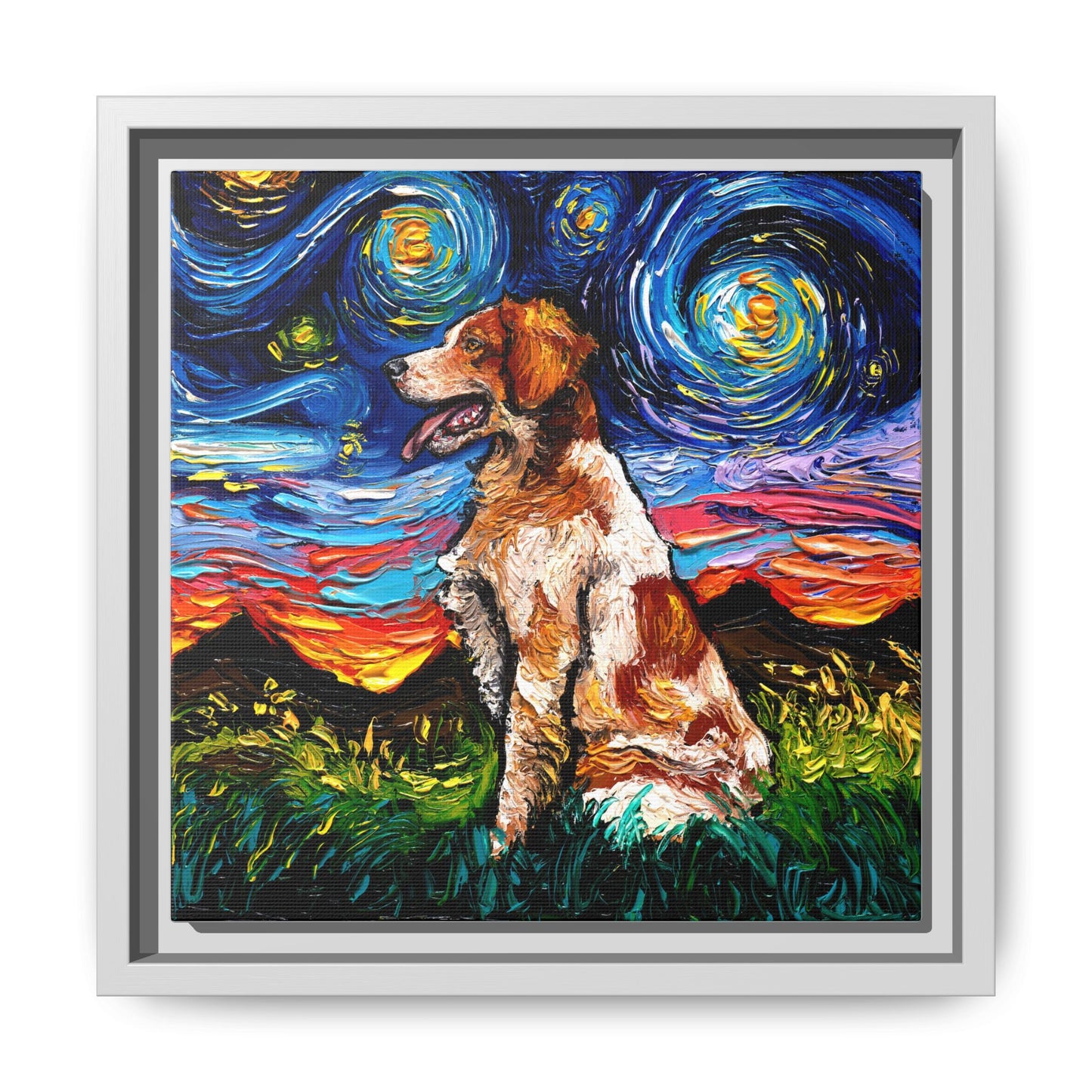 "Brittany Spaniel Night" Framed Canvas Wall Art