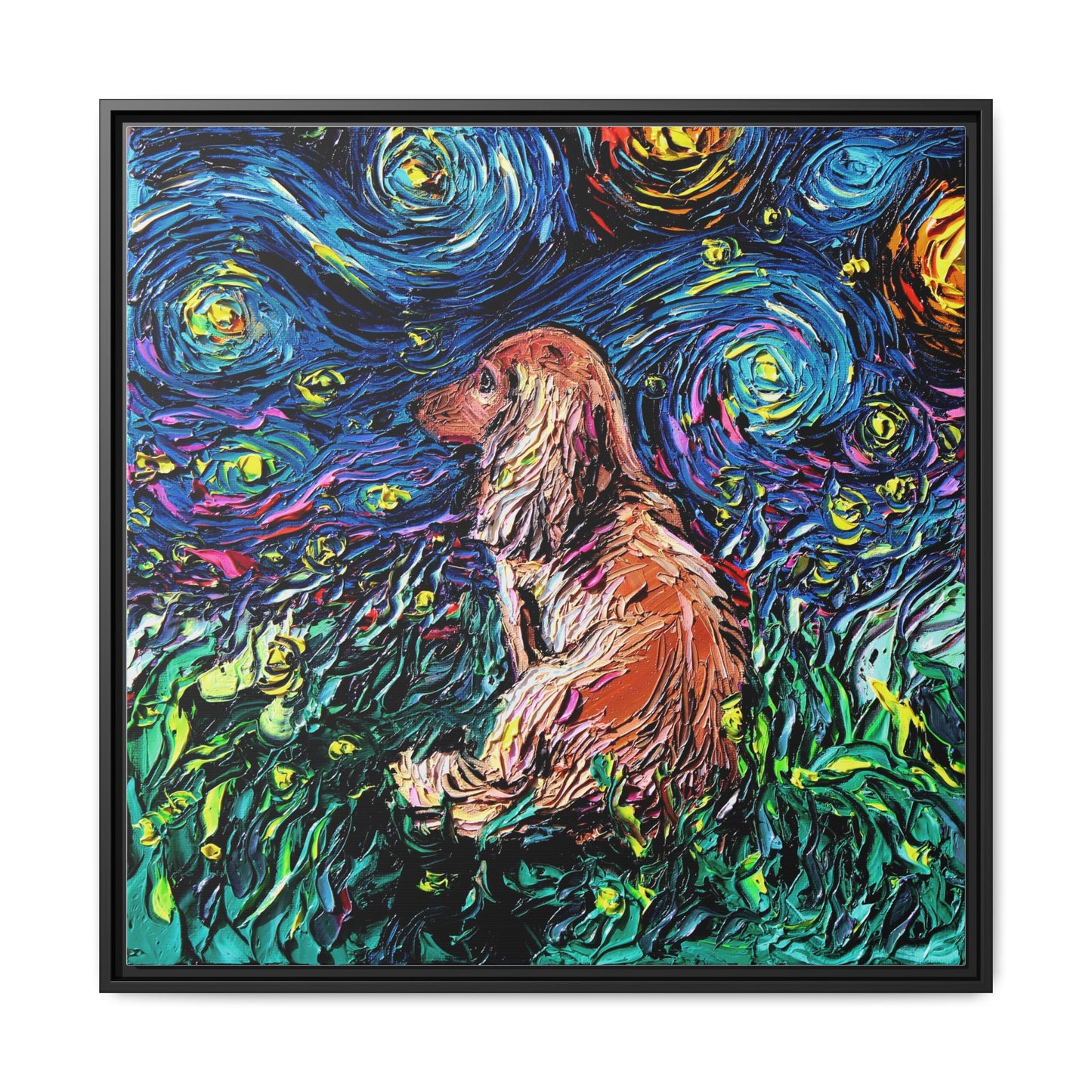 "Long Haired Brown Dachshund Night" Framed Canvas Wall Art