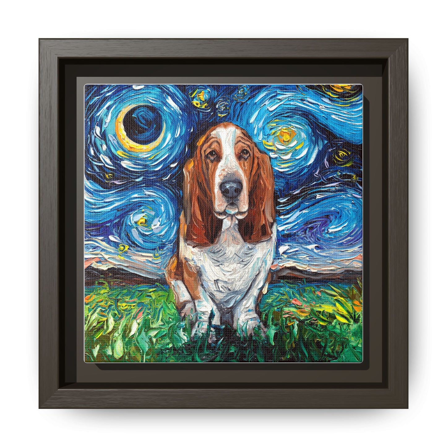 "Basset Hound Night" Framed Canvas Wall Art