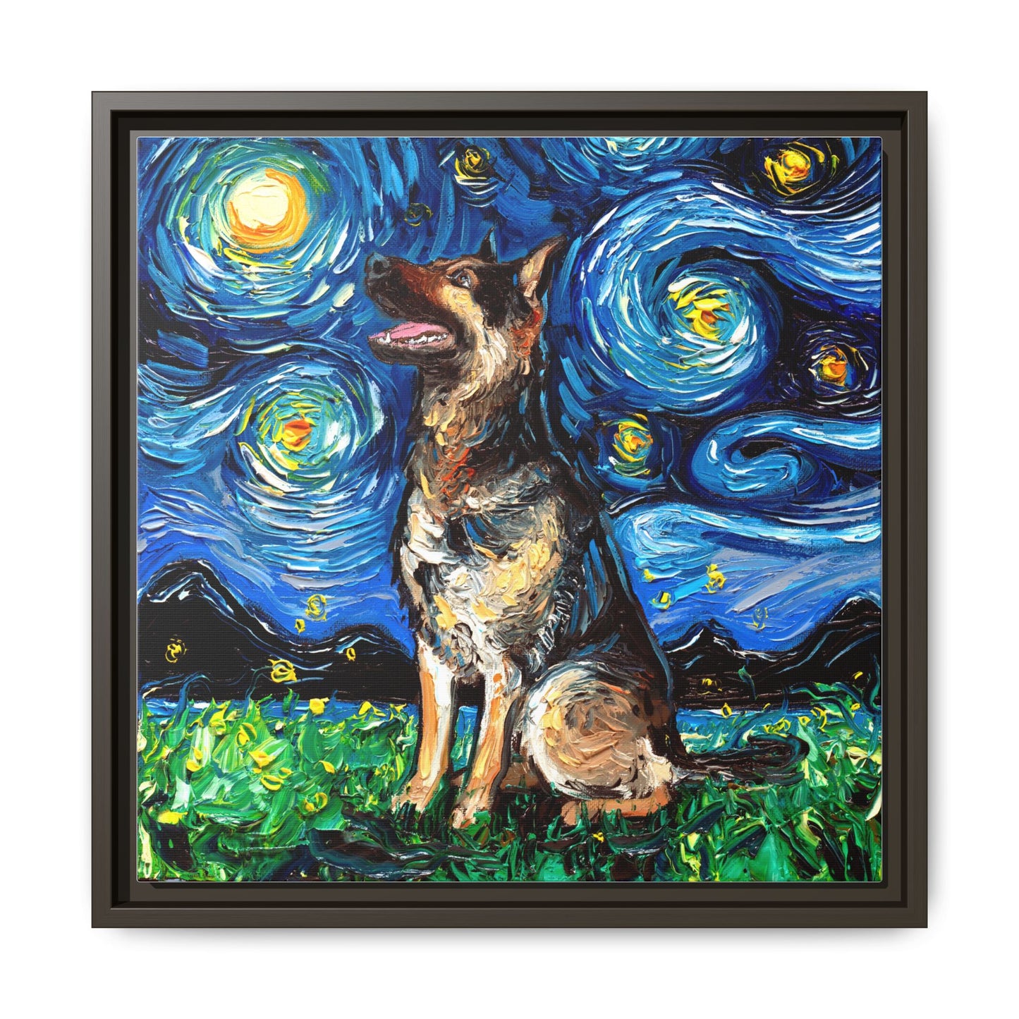 "German Shepherd Night" Framed Canvas Wall Art