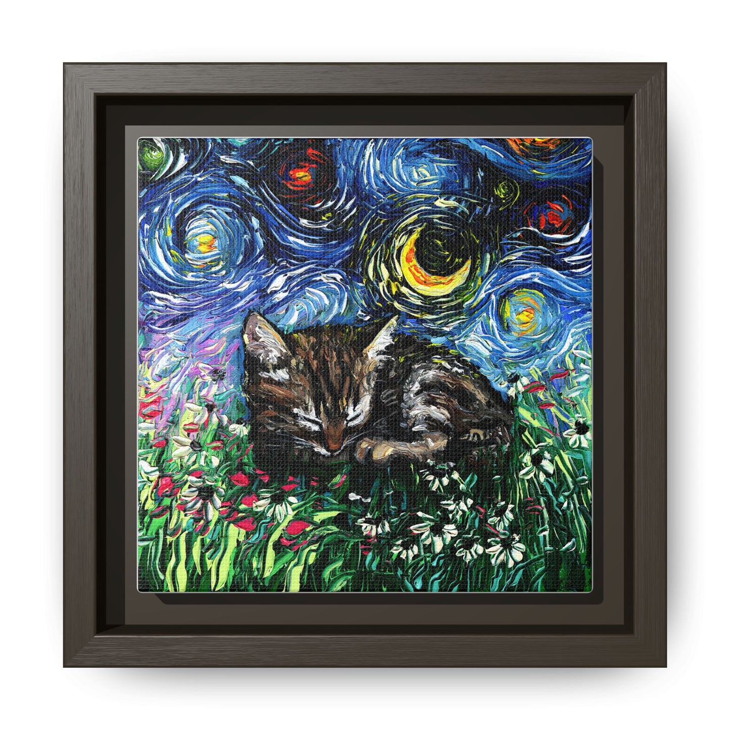 "Sleepy Tabby Kitten Night" Framed Canvas Wall Art