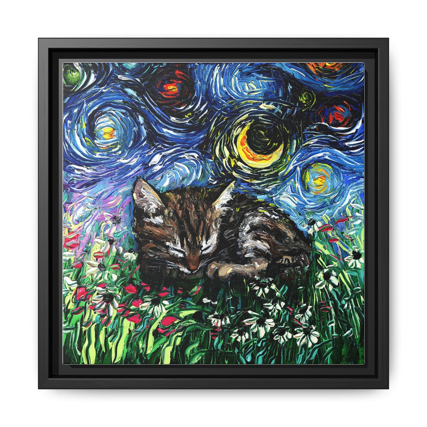 "Sleepy Tabby Kitten Night" Framed Canvas Wall Art